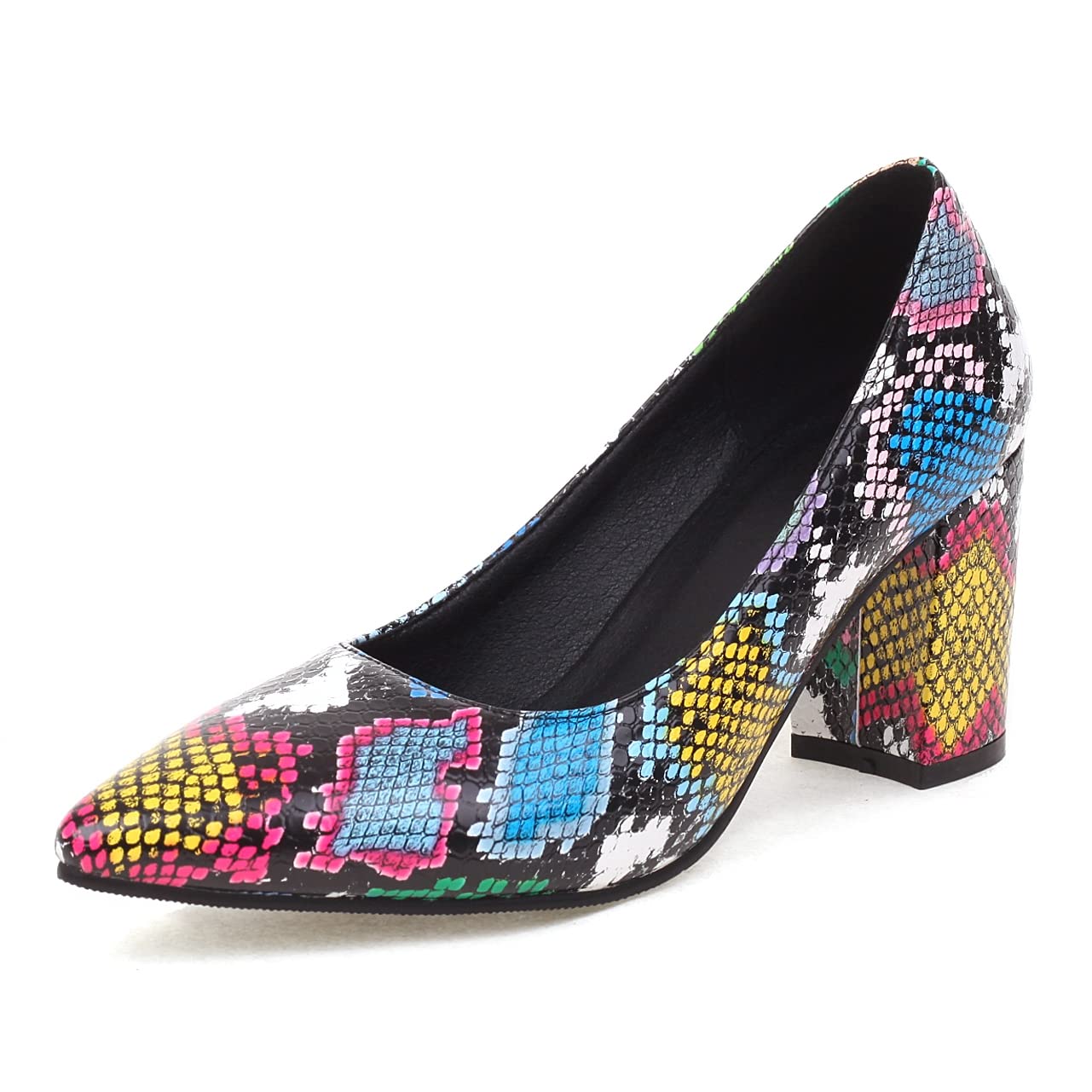 Elbslutt Women's Snake Print Pointed Toe Block Heel Pumps - Slip On Chunky High Heel Dress Shoes for Office, Party & Evening Wear