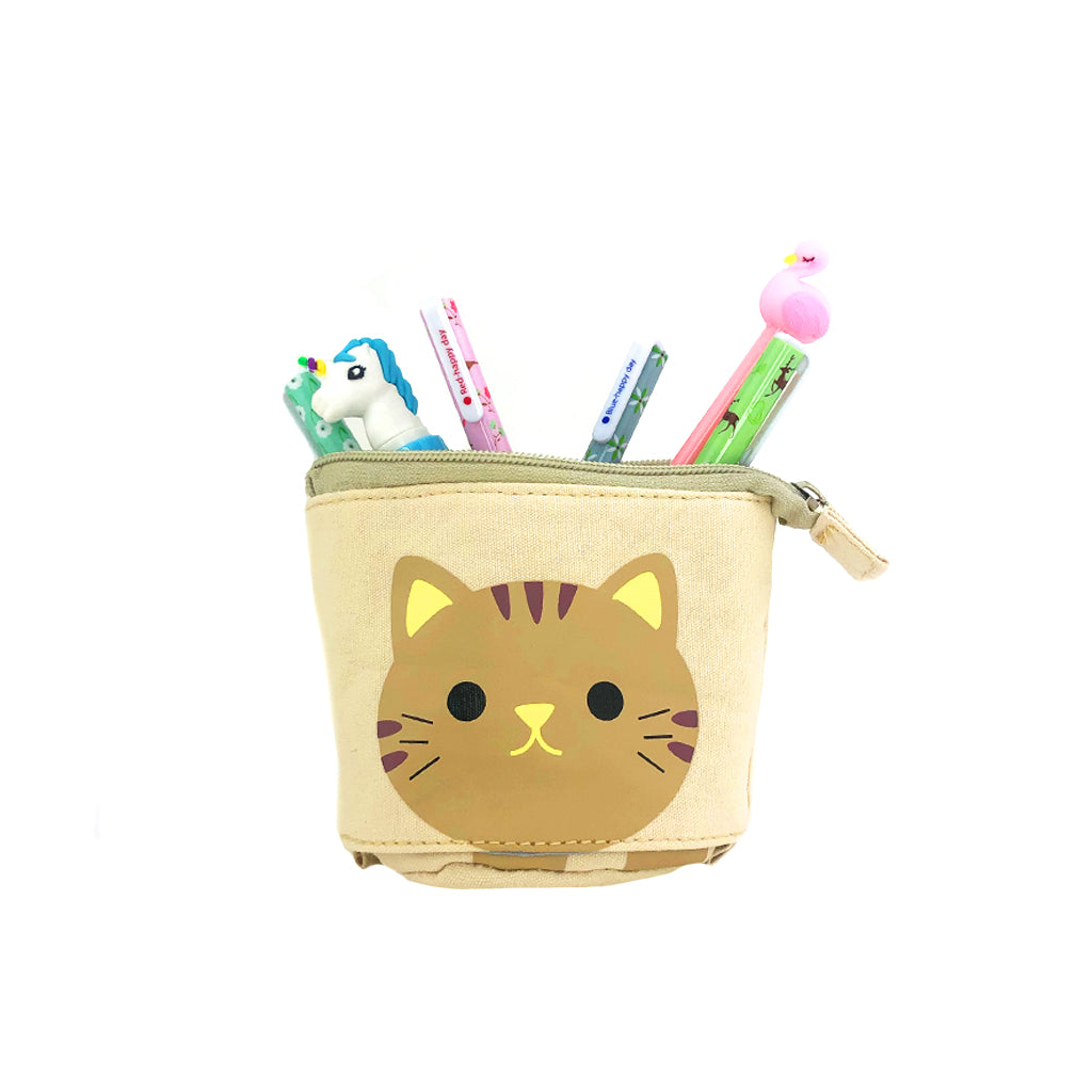 Pop Up Pencil Case Beige Cat - Cute Stationery Organizer for School, Office & Travel - Perfect for Students, Artists & Professionals