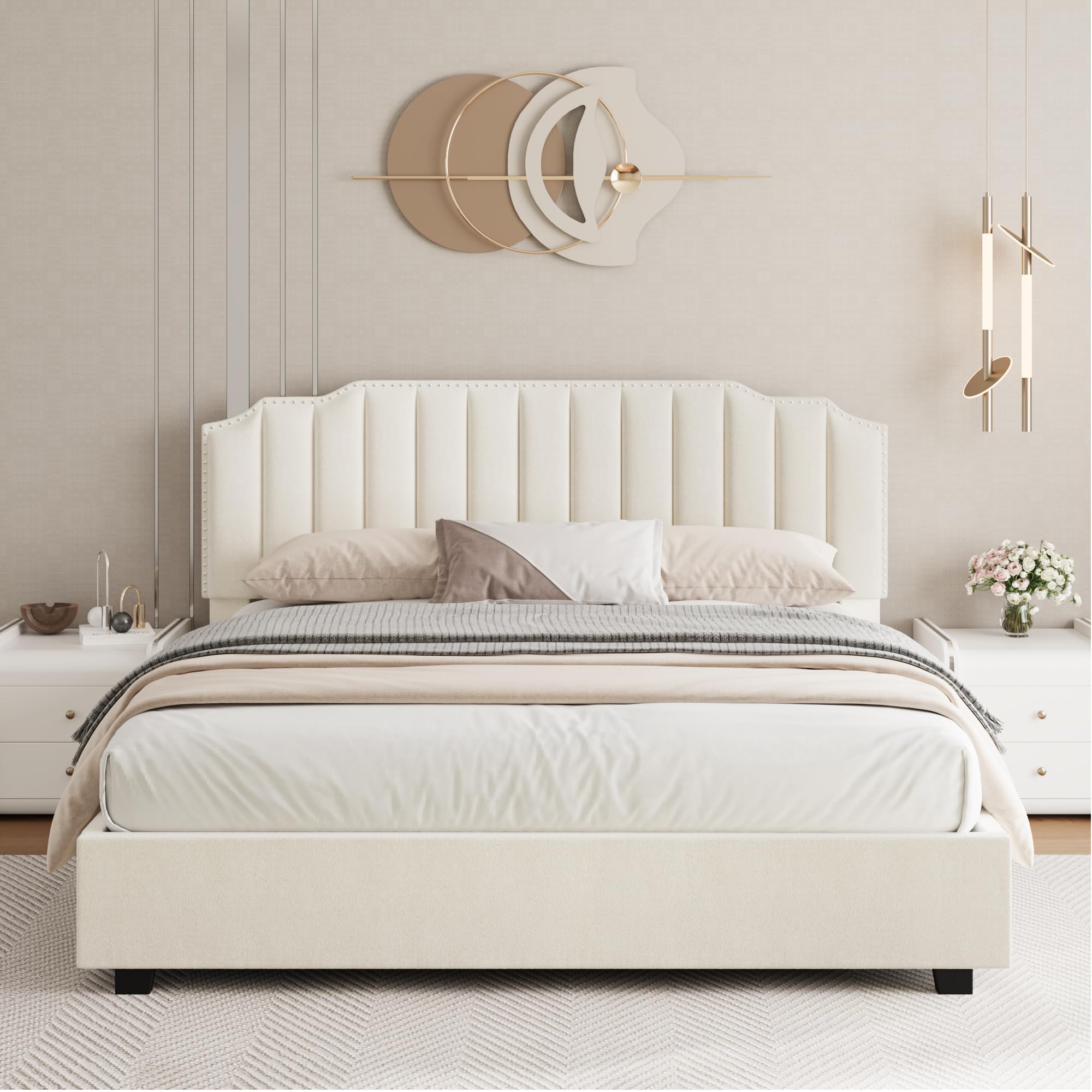 Harper & Bright Designs Queen Size Platform Bed with Lift-Up Storage - Velvet Upholstered Bed Frame with Headboard & Wood Slats | Noise-Free Bedroom Furniture (Beige) | Perfect for Small Spaces & Guest Rooms