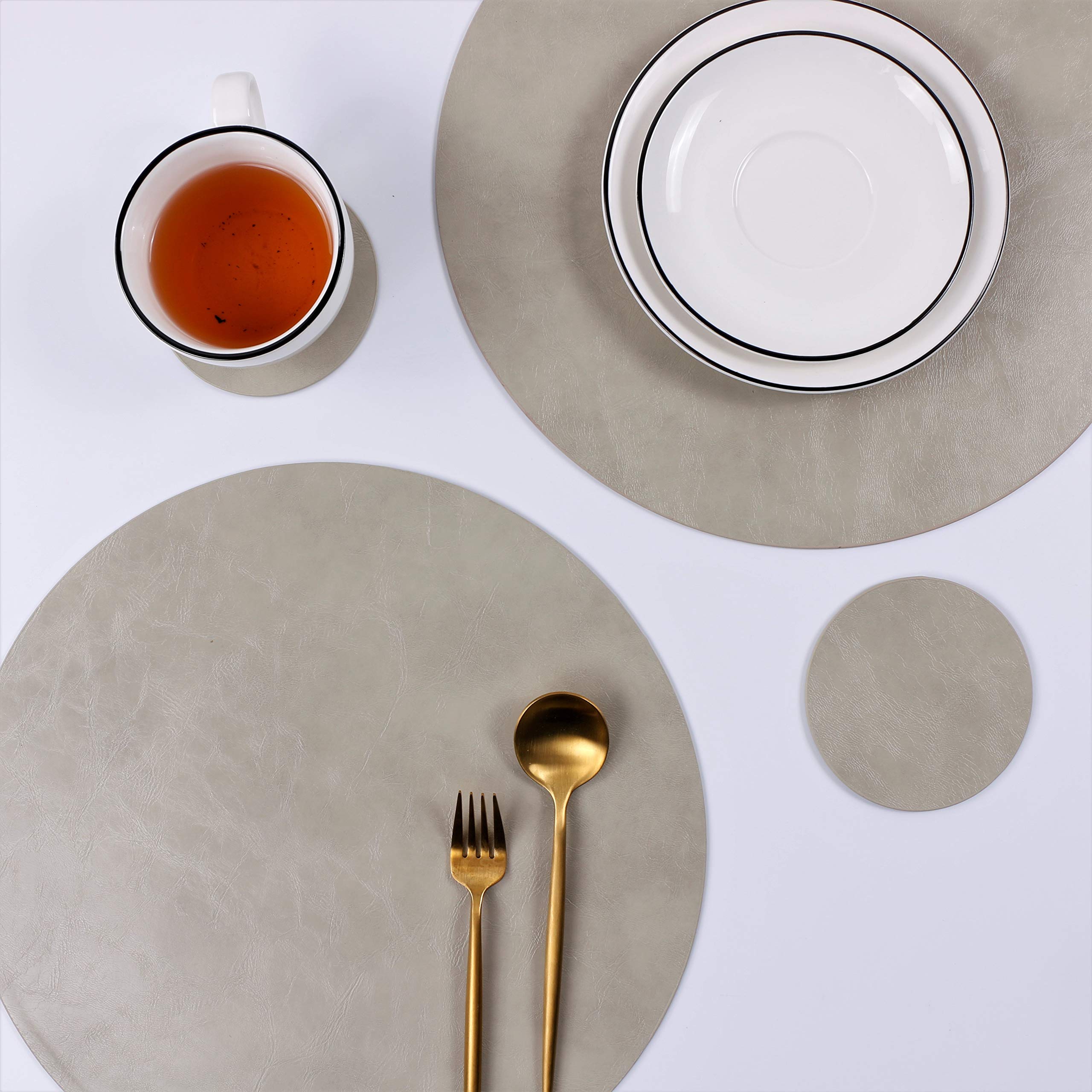 Set of 6 Waterproof Faux Leather Round Placemats & Coasters - Easy Clean Kitchen Table Mats for Dining Room, Coffee Bar, and Home Decor | Perfect for Everyday Use and Entertaining