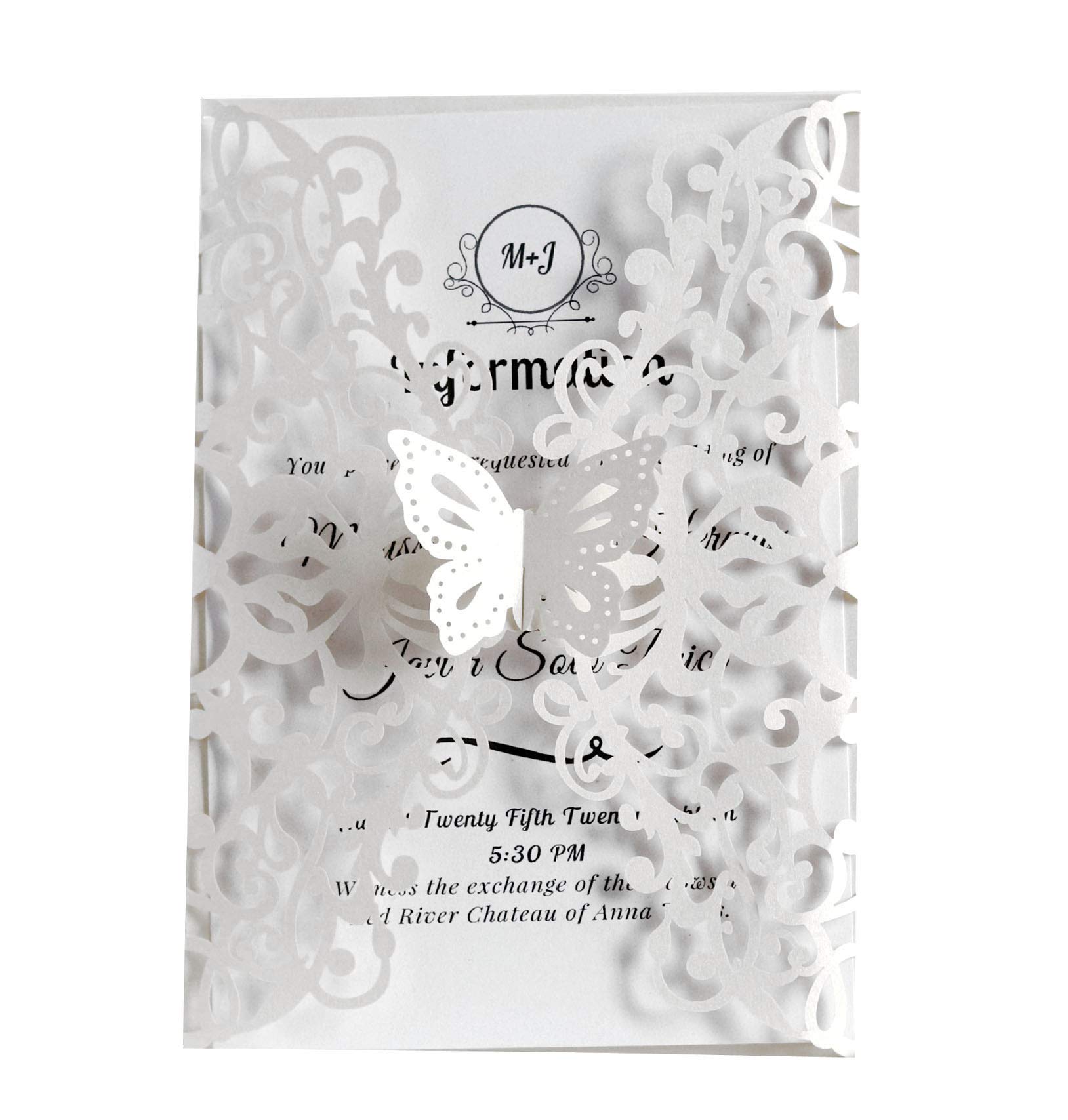50 Sets Elegant Laser-Cut Butterfly Wedding Invitation Cards with Floral Design - White RSVP Cards for Bridal Shower, Engagement Party & Wedding Decorations - Premium Quality Stationery Gift Set