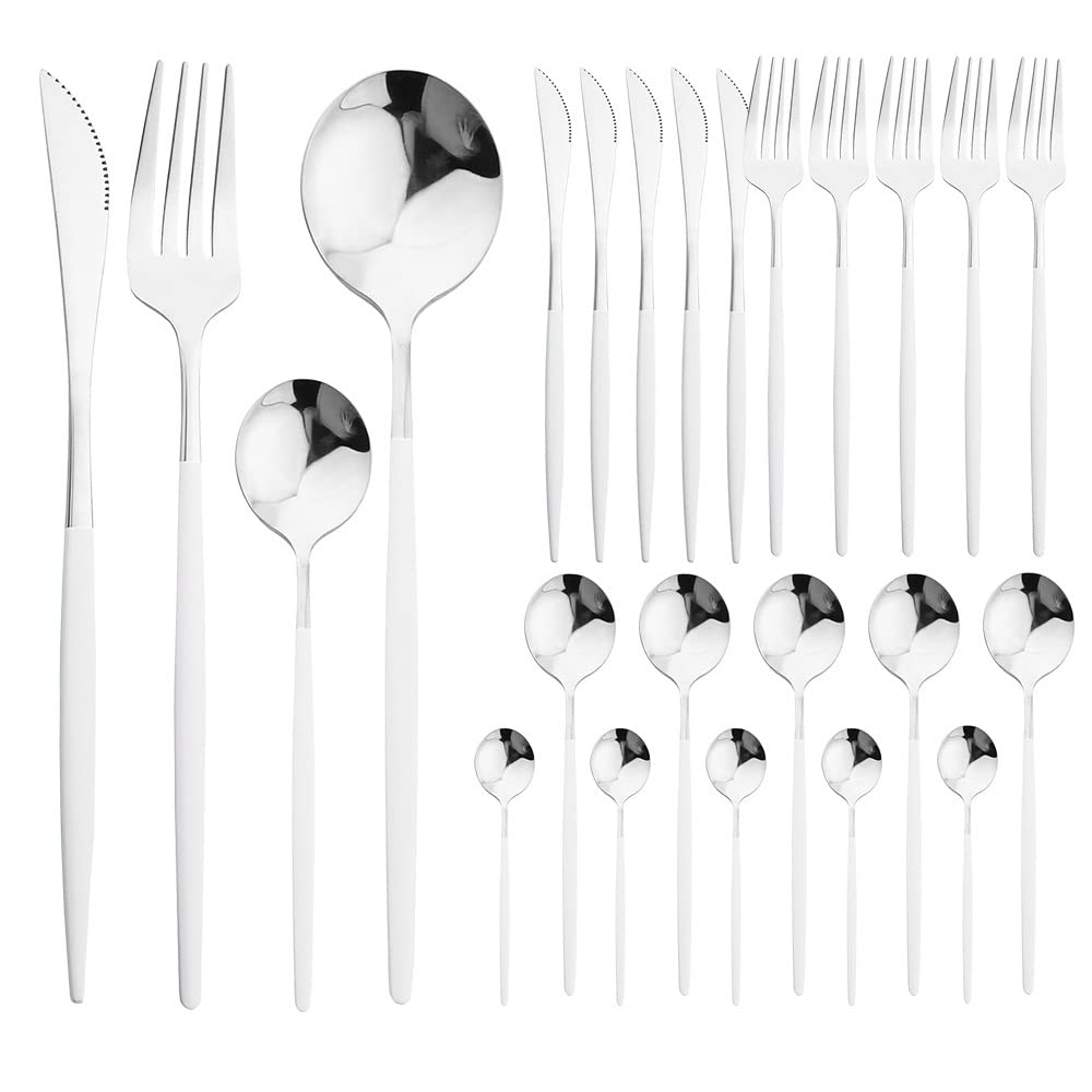 24-Piece Stainless Steel Silverware Flatware Set - Knife, Fork & Spoon Cutlery for Dining, Kitchen, Wedding & Everyday Use (White Silver) - Durable & Elegant Tableware for Restaurants, Home & Special Occasions