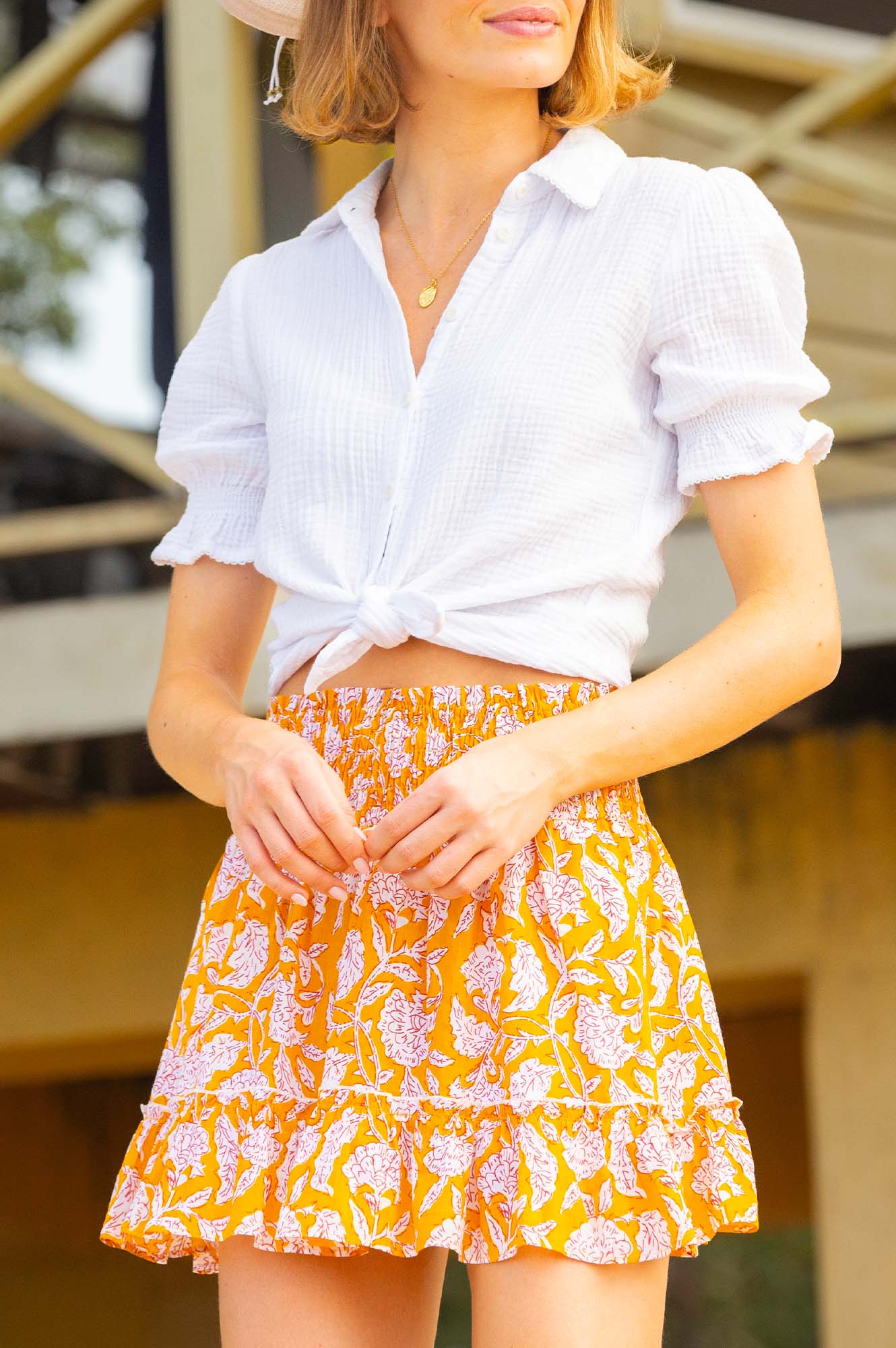 Emani Organic Cotton Skirt for Women - Soft & Breathable Summer Skirt in Dianthus Yellow/White - Perfect for Beach, Vacation & Casual Outings