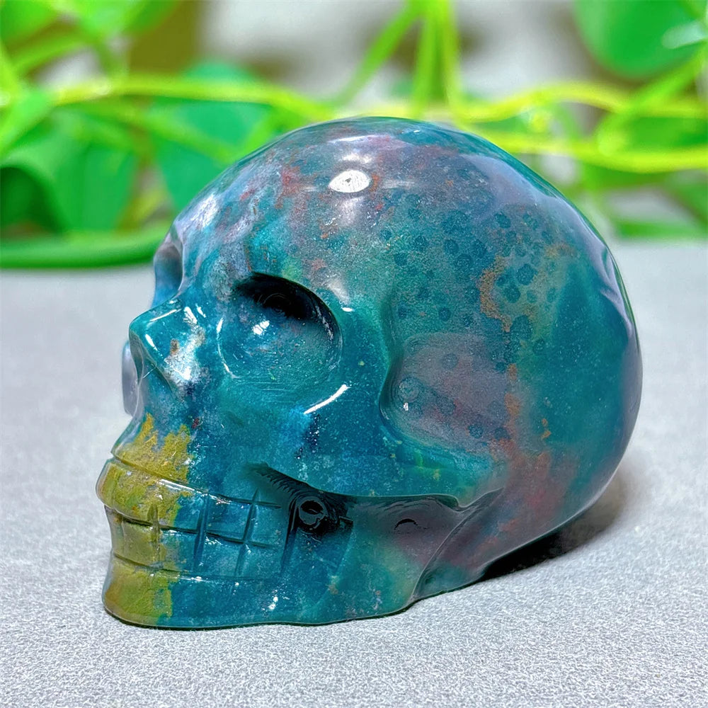 Natural Ocean Jasper Skull Crystal - Healing Quartz Stone for Meditation, Energy Work & Spiritual Gifts | Halloween Decor, Mineral Collection & Craft Supplies | Perfect for Home Altar, Yoga Space & Witchy Aesthetic
