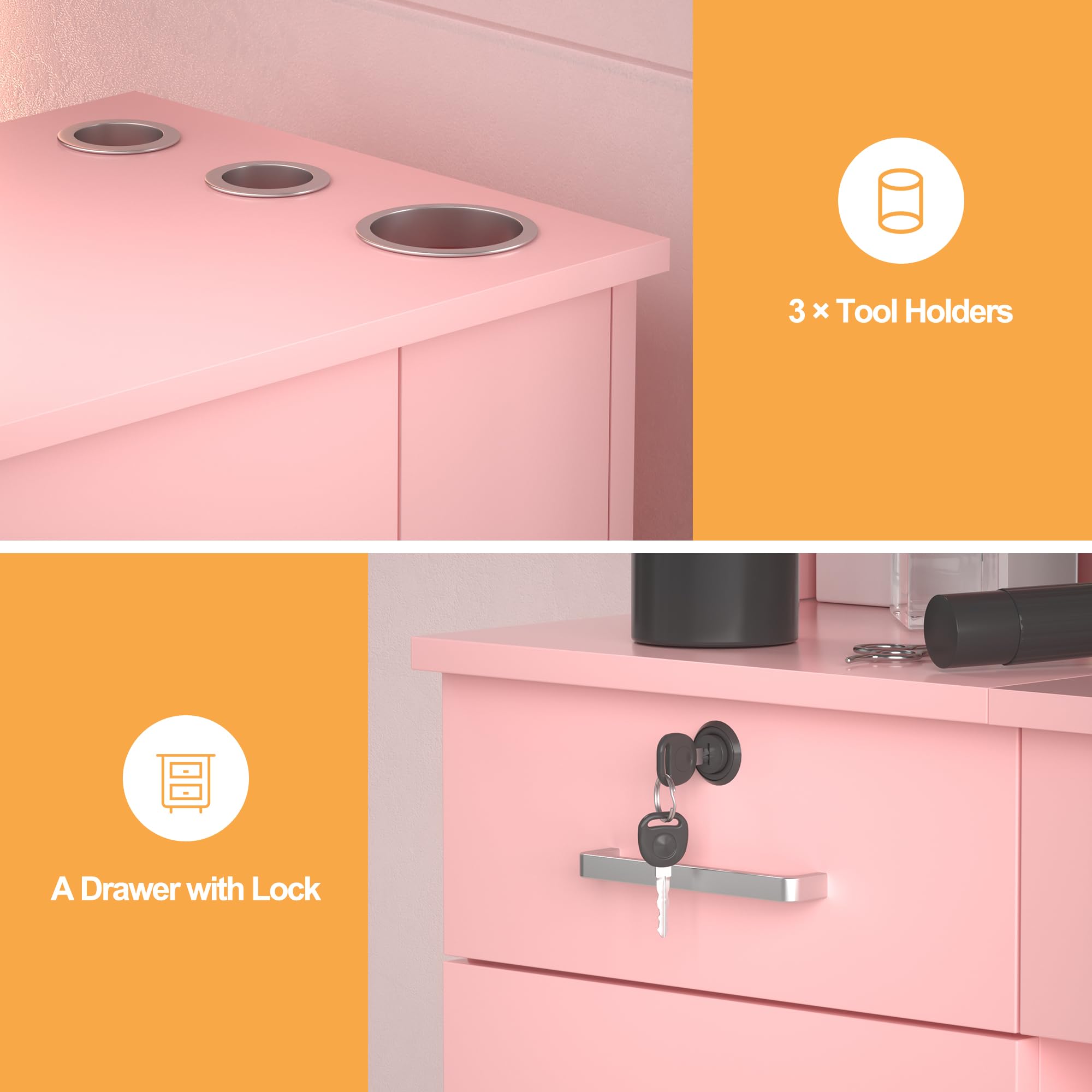 Professional Barber Salon Work Station - Hair Stylist Organizer Cabinet with Storage for Home & Beauty Salon Equipment | Durable Barbershop Furniture in Pink | Perfect for Small Spaces & Mobile Stylists