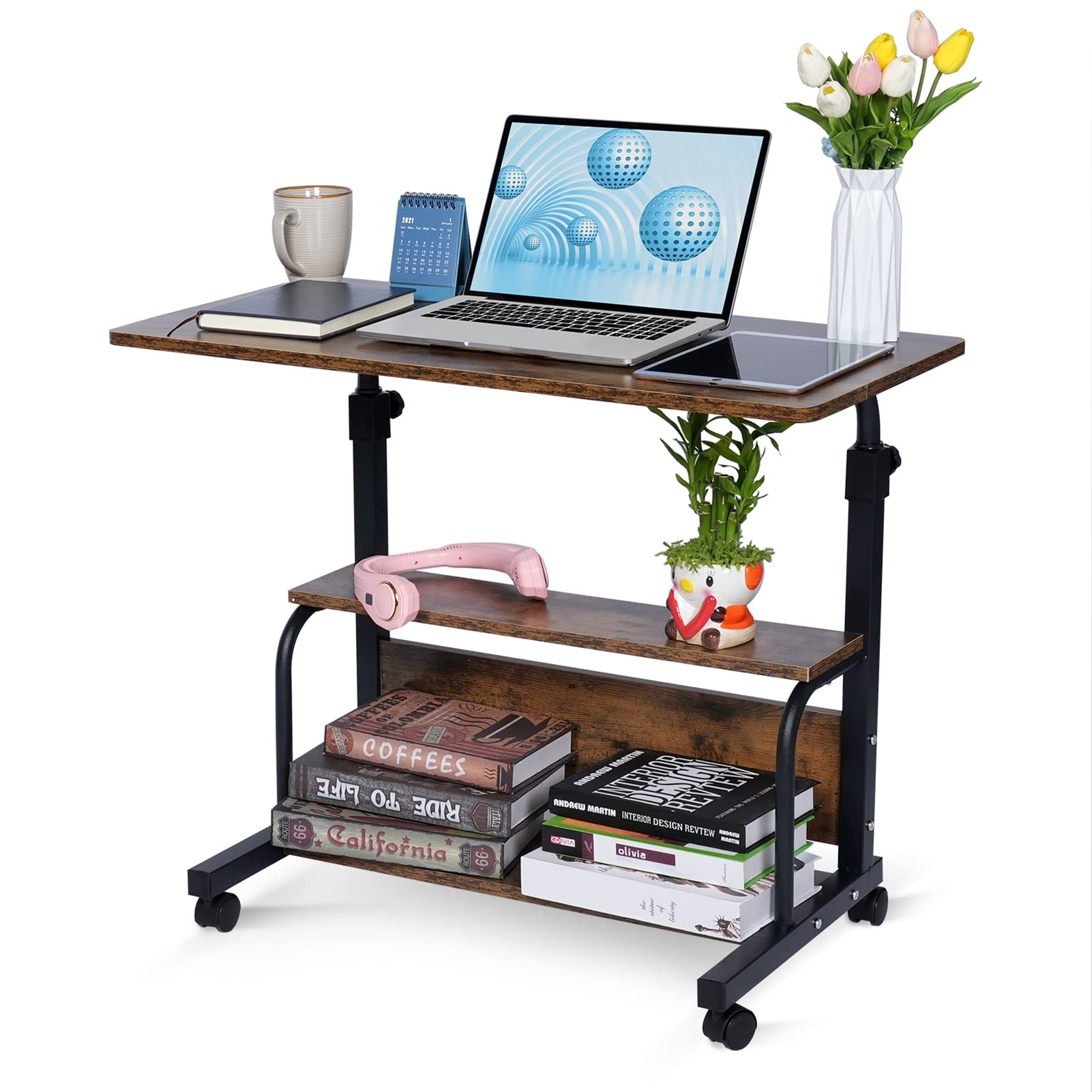 Portable Rolling Standing Desk with Wheels & Storage - 32