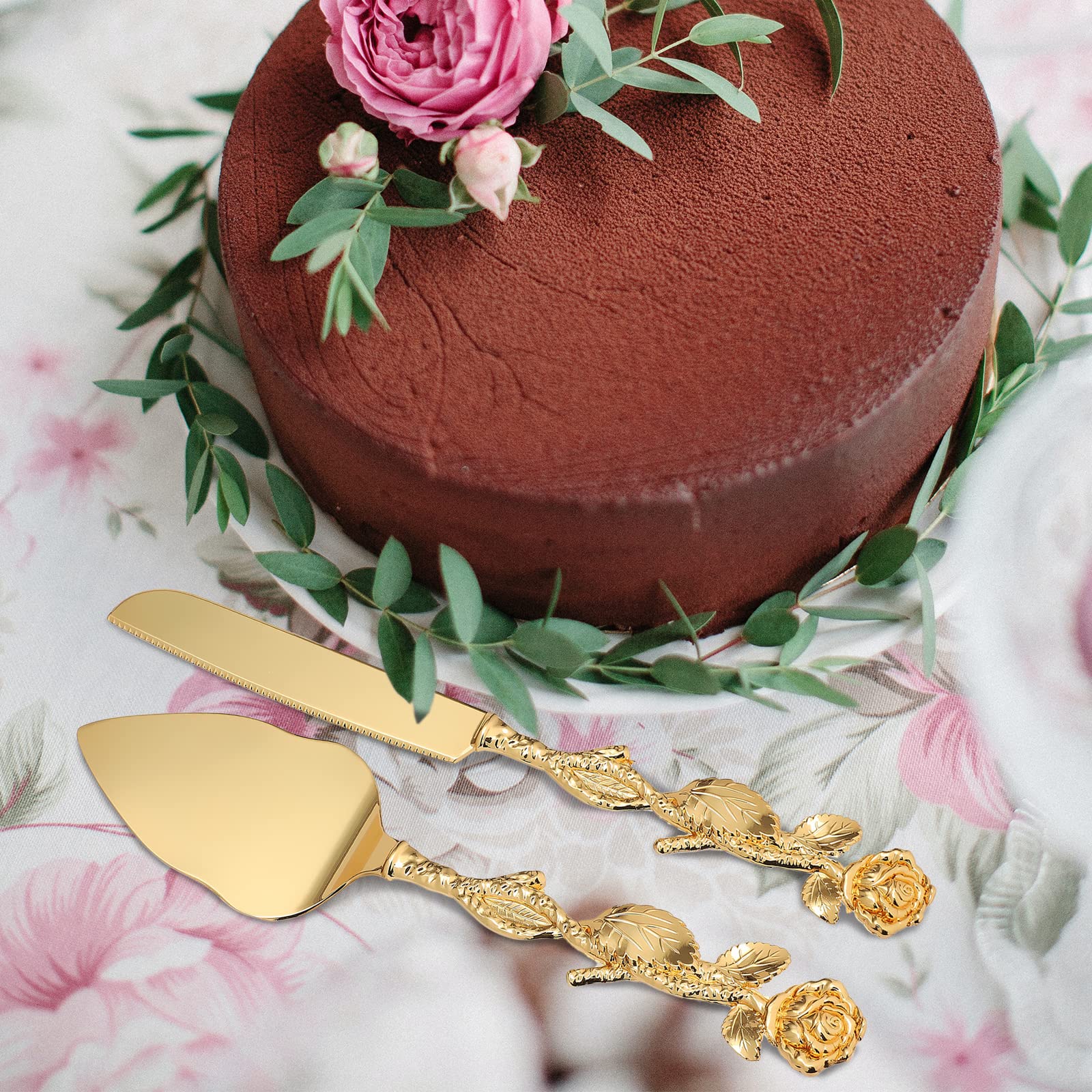 Personalized Gold Wedding Cake Knife and Server Set - Engraved Cake Cutting Set for Wedding, Birthday Party - Custom Rose Gold Pastry Pie & Pizza Cutter - Elegant Cake Serving Utensils for Special Occasions