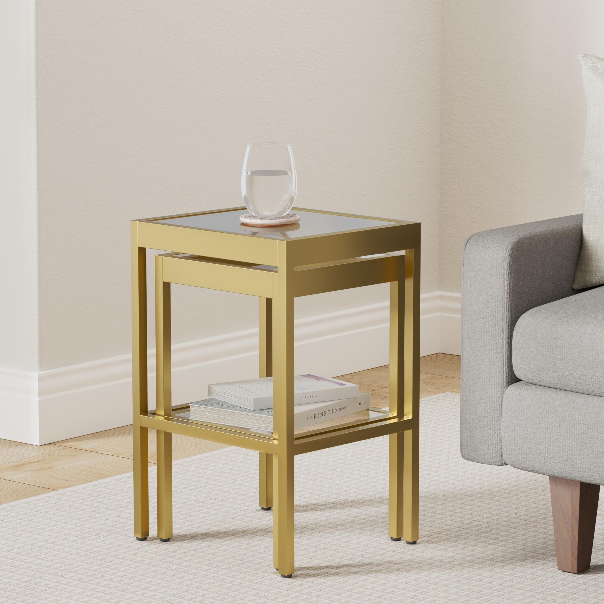 Henn&Hart Rectangular & Square Nested Side Table Set in Brass - Modern End Tables for Living Room, Bedroom, Office - Perfect for Coffee, Books & Decor Display