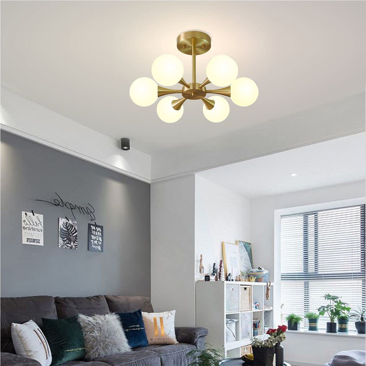KCO Lighting 6-Light Glass Globe Semi Flush Mount Chandelier - Modern Pendant Light Fixture for Kitchen Island, Dining Room & Living Room - Elegant Ceiling Lighting for Home Decor