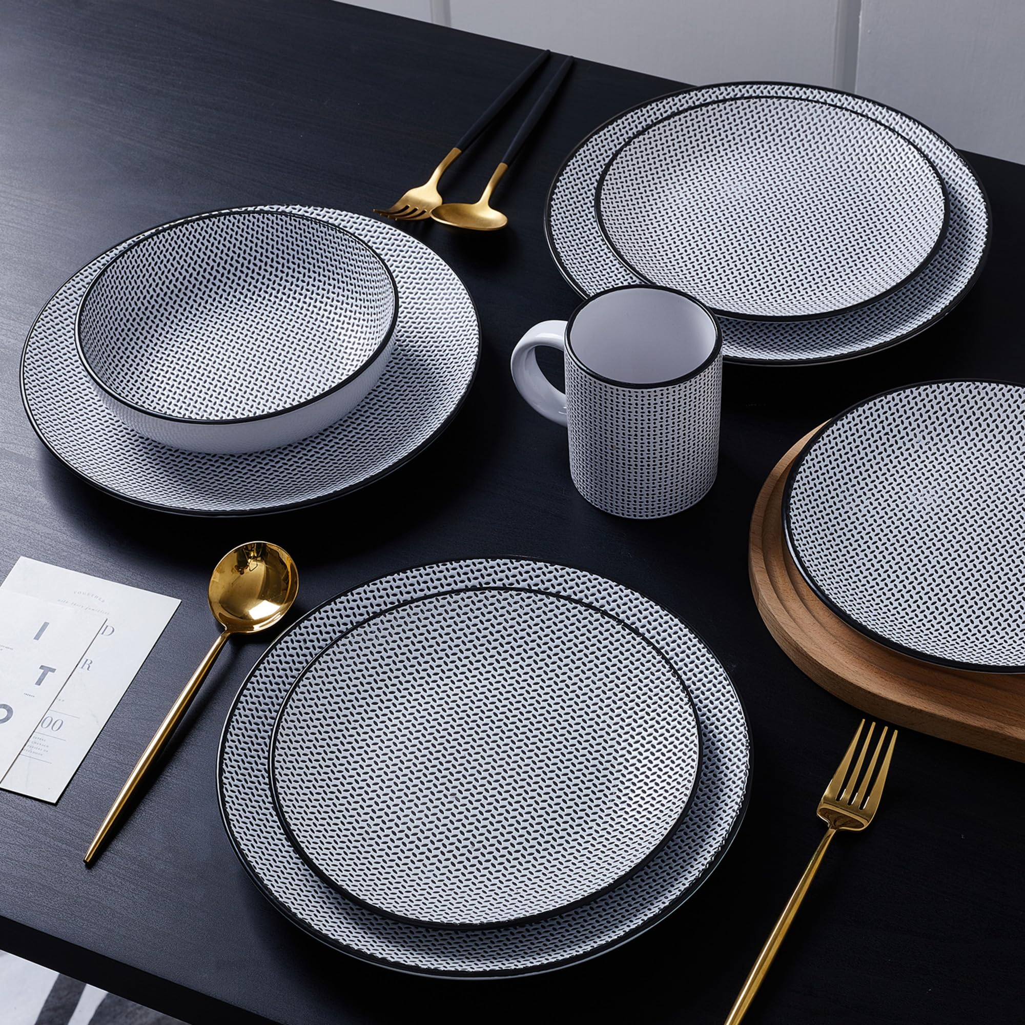 Stone Lain Daisy Stoneware 32-Piece Round Dinnerware Set - White and Black Floral Design for Everyday Dining & Entertaining | Durable Porcelain Plates, Bowls & Mugs | Dishwasher & Microwave Safe