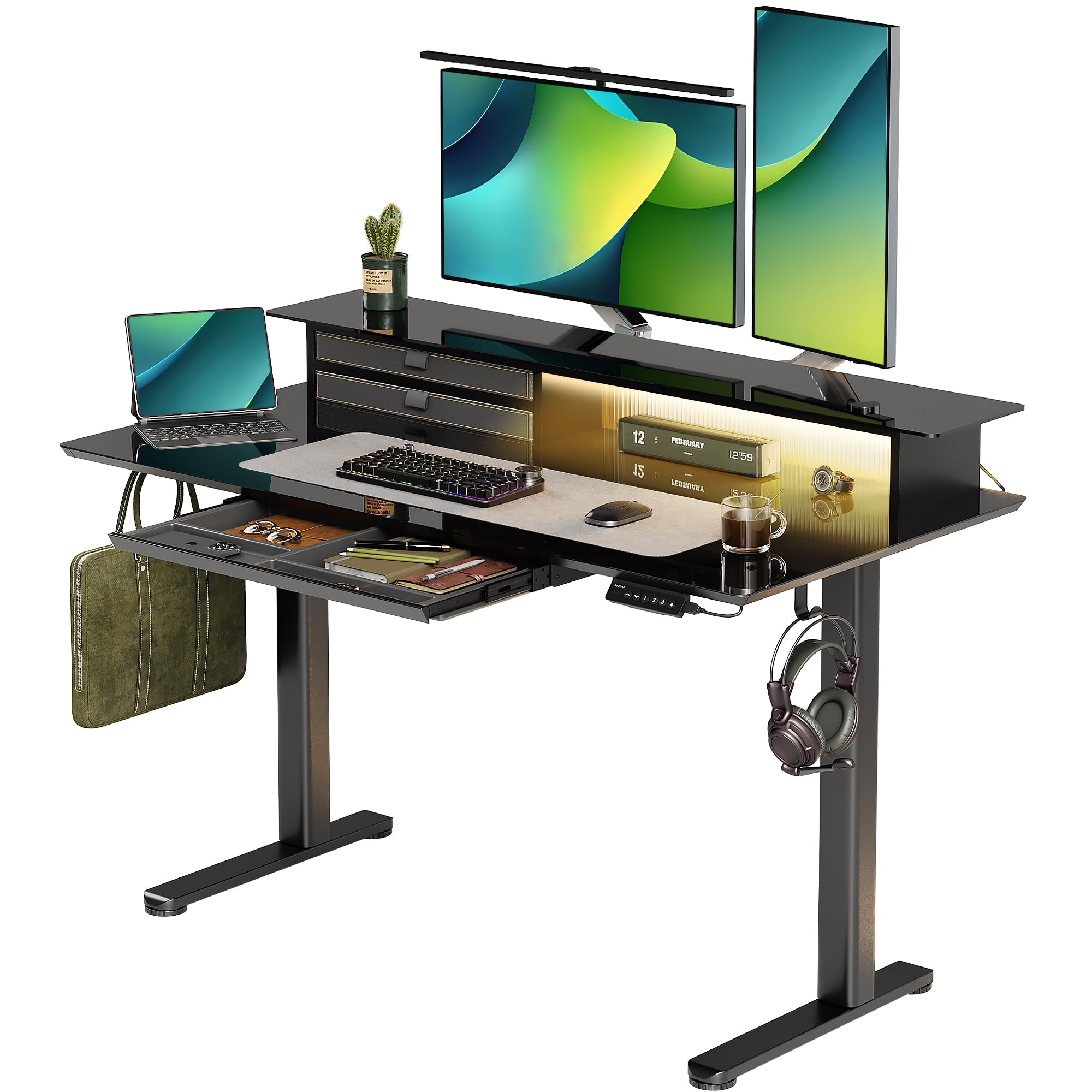 48x24 Inch Height Adjustable Glass Standing Desk with 3 Drawers, USB Ports & LED Lights - Electric Stand Up Desk with Monitor Stand for Home Office, Gaming Setup, and Modern Workspace (Black)