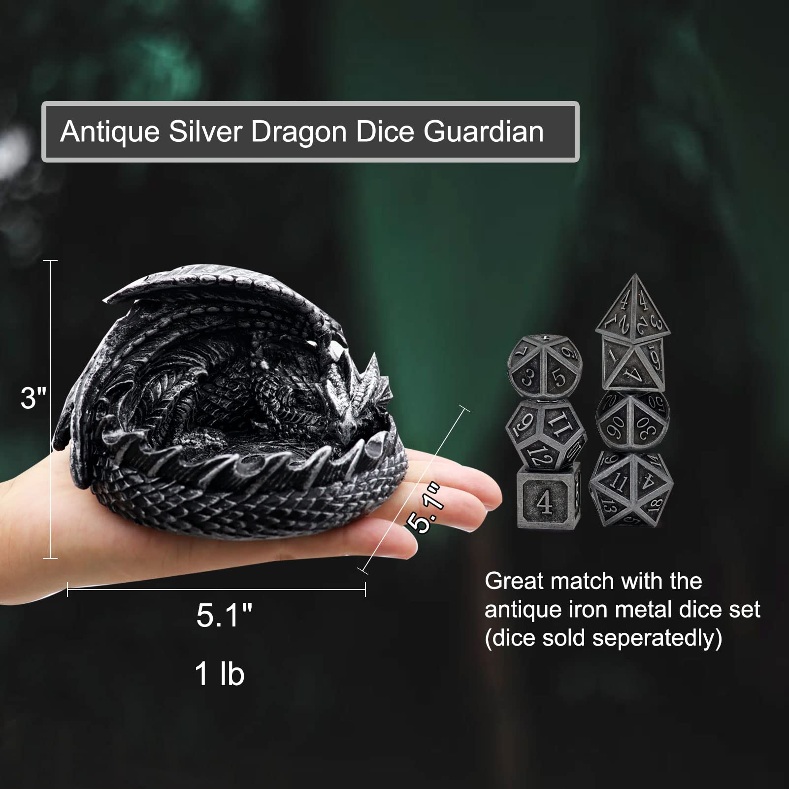 Haxtec Dragon Dice Jail Guardian - DND Dice Tray Holder for Dungeons and Dragons RPG Games - Antique Silver Dragon Statue Decor - Perfect DM Gift & Tabletop Gaming Accessory for D&D Sessions