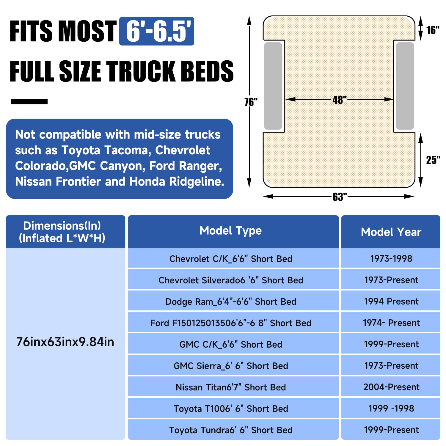 Umbrauto Easy Set-Up Truck Bed Tent for 6.4-6.7ft Pickup Trucks with Inflatable Mattress | PU3000mm Waterproof Camping Kit (Blue & Black) | Perfect for Outdoor Adventures, Road Trips & Family Camping