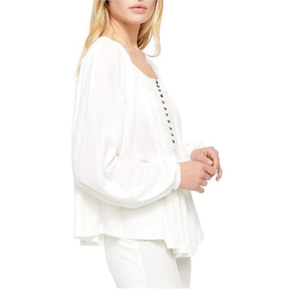 Free People Devin Pleated Blouson Sleeve Button Down Henley Top for Women | Casual & Boho Style Shirt | Perfect for Layering, Office Wear & Weekend Outfits