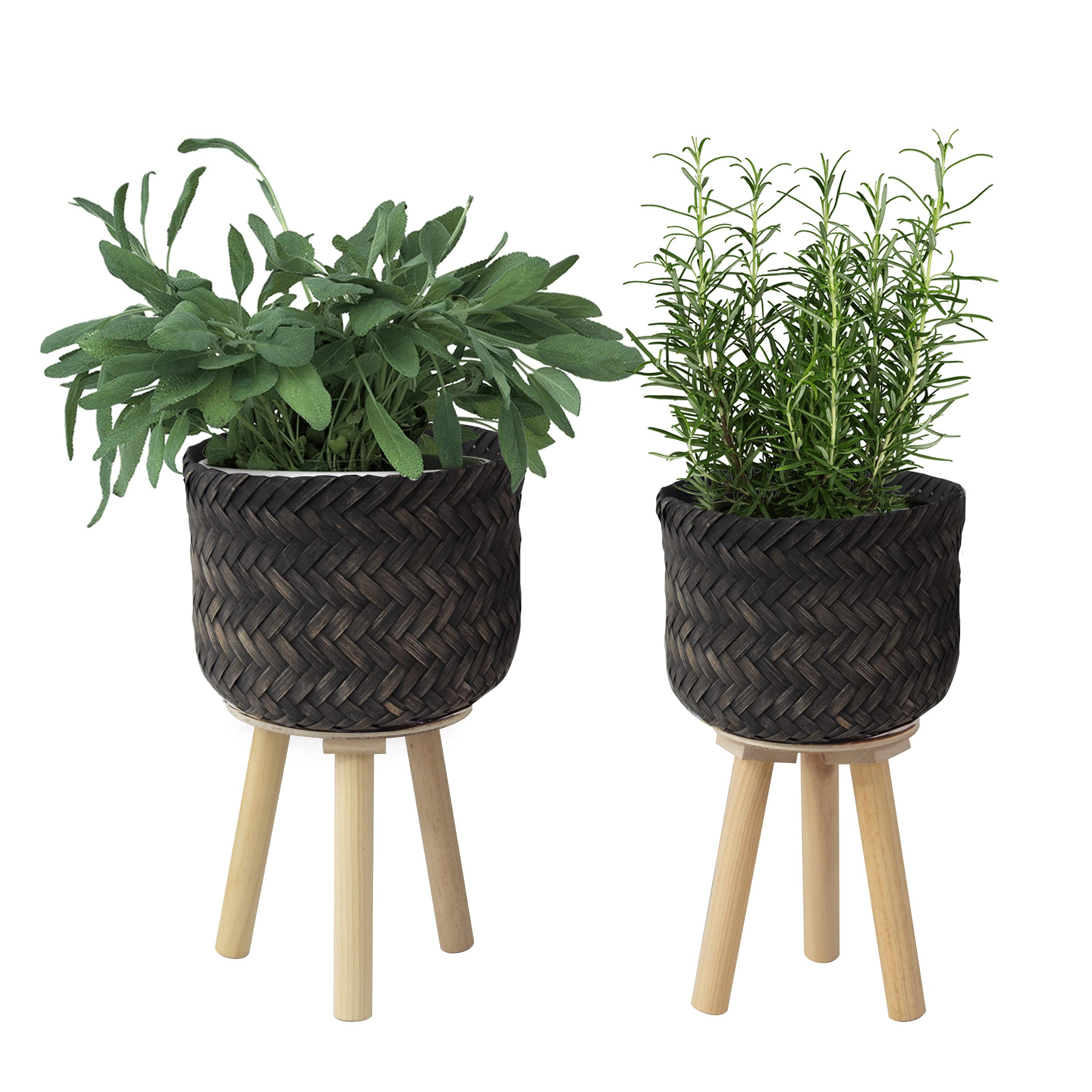 Terra Set 2 - Bamboo Woven Plant Pot with Stand | Indoor/Outdoor Wooden Flower Planter with Removable Legs (Blackwash) - Perfect for Patio, Balcony & Home Decor
