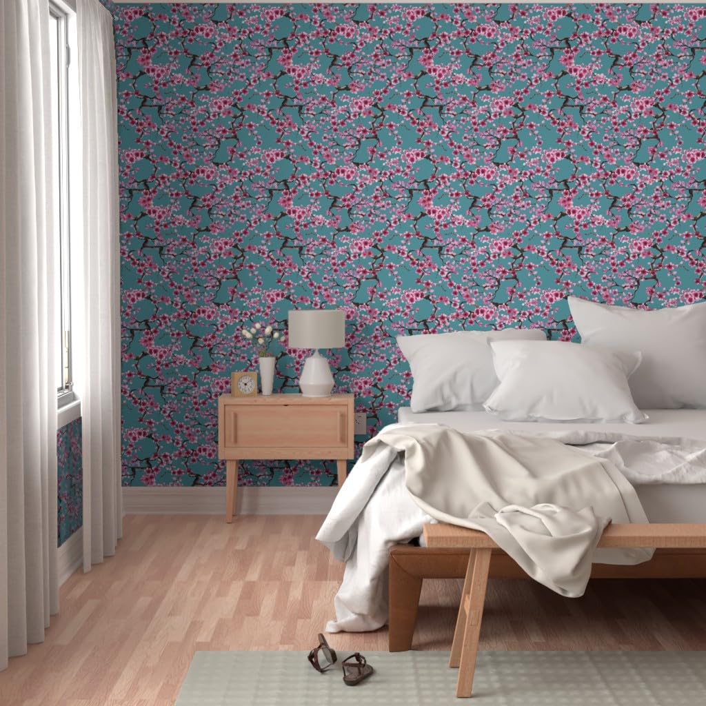 Peel & Stick Removable Wallpaper 12ft x 2ft - Turquoise Pink Floral Japanese Tree Design | Self-Adhesive Wall Decal for Bedroom, Living Room, Nursery & Office Decor