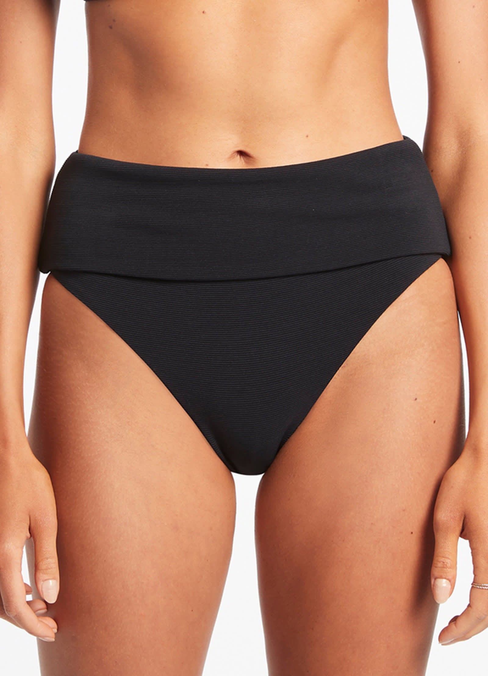 Isla Rib Fold Down High Waisted Bikini Bottom - Black Swimwear for Women | Beach Vacation, Pool Party, Summer Swimwear