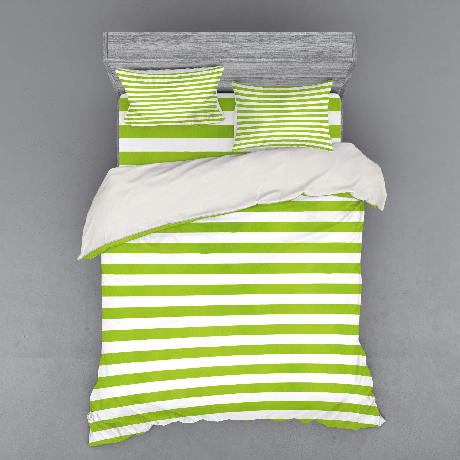 Ambesonne Lime Green Duvet Cover Set - Queen Size 4-Piece Bedding with Shams & Fitted Sheet | Horizontal Stripes Watercolor Design | Modern Minimalist Home Decor for Bedroom, Guest Room & Dorm