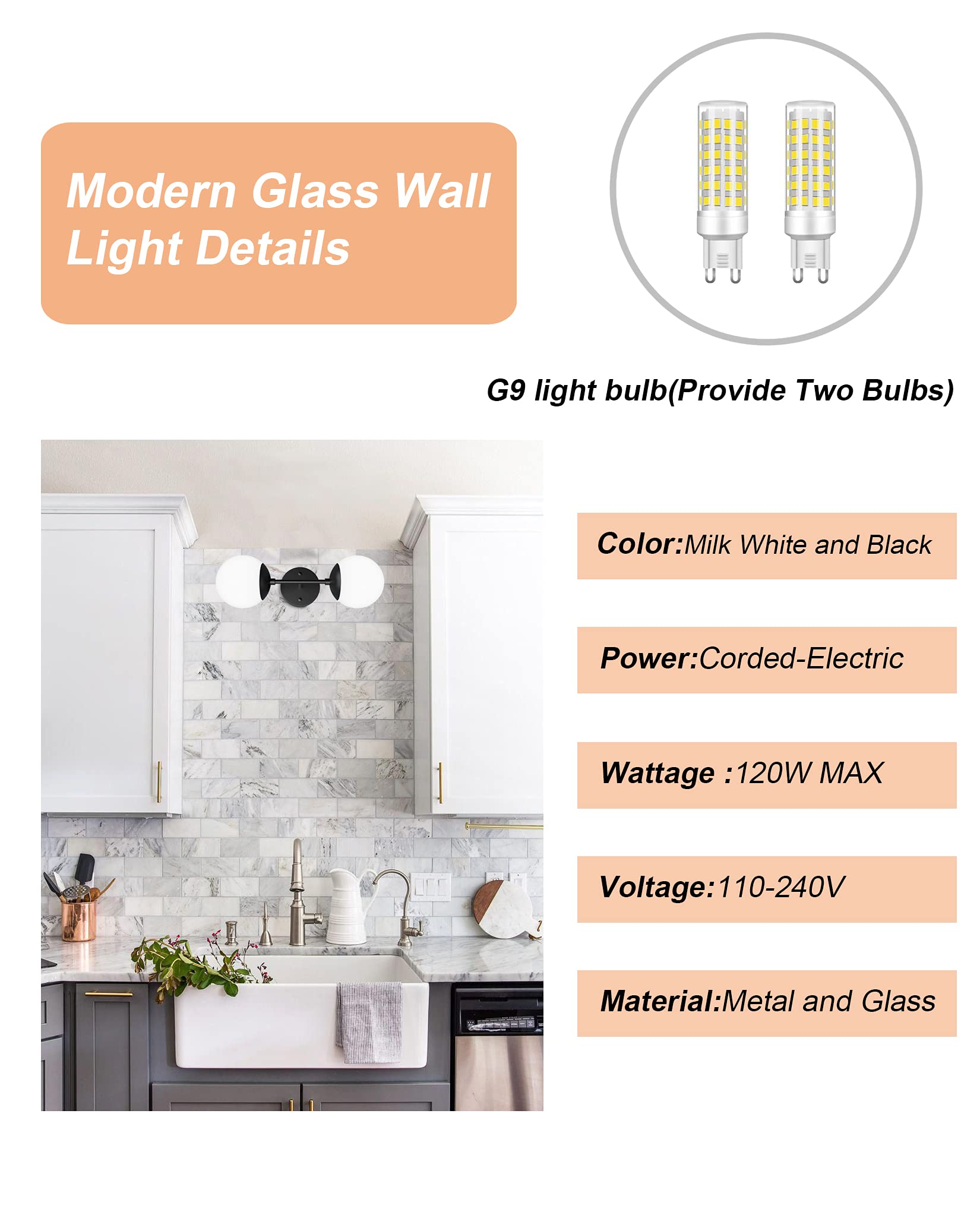 Tipace Black Wall Sconce 2 Lights - Modern Globe Wall Light Fixture with Included 6000K G9 Bulbs for Restaurant, Living Room, Bedside, Stairs & Bathroom Mirror Lighting - Perfect for Ambient, Task and Accent Lighting in Homes, Hotels and Commercial Spaces