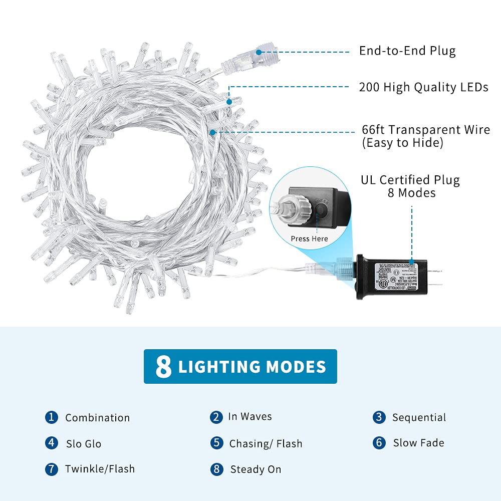 200LED Blue Christmas Lights - 66Ft Waterproof Plug-in String Lights with 8 Modes for Indoor & Outdoor Holiday Decor | Perfect for Christmas Trees, Halloween Parties, Bedroom, Garden, and Patio Lighting (Clear Wire)