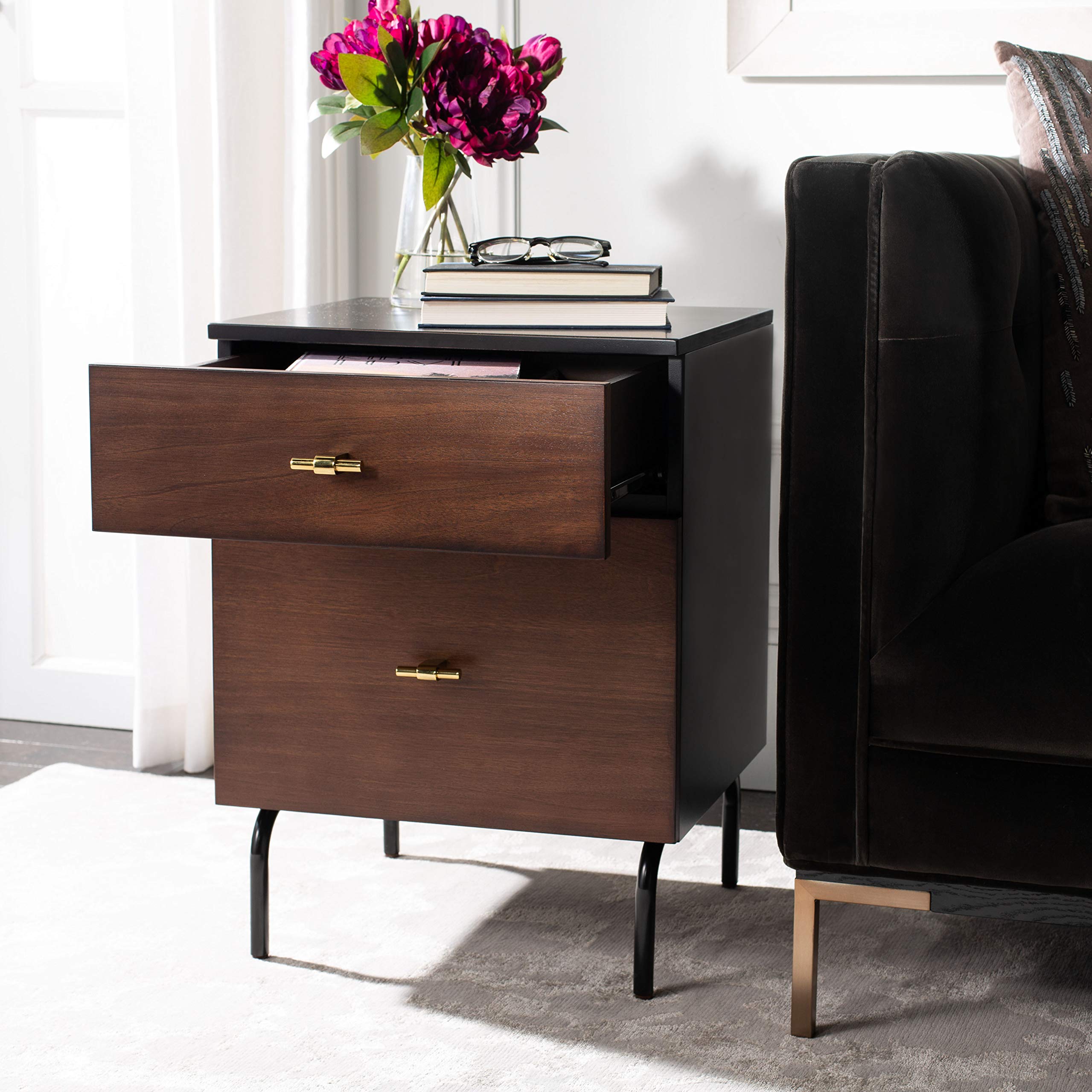 Safavieh Home Genevieve Modern Walnut & Black Mahogany 2-Drawer Nightstand - Bedside Table for Bedroom, Living Room, or Office Storage