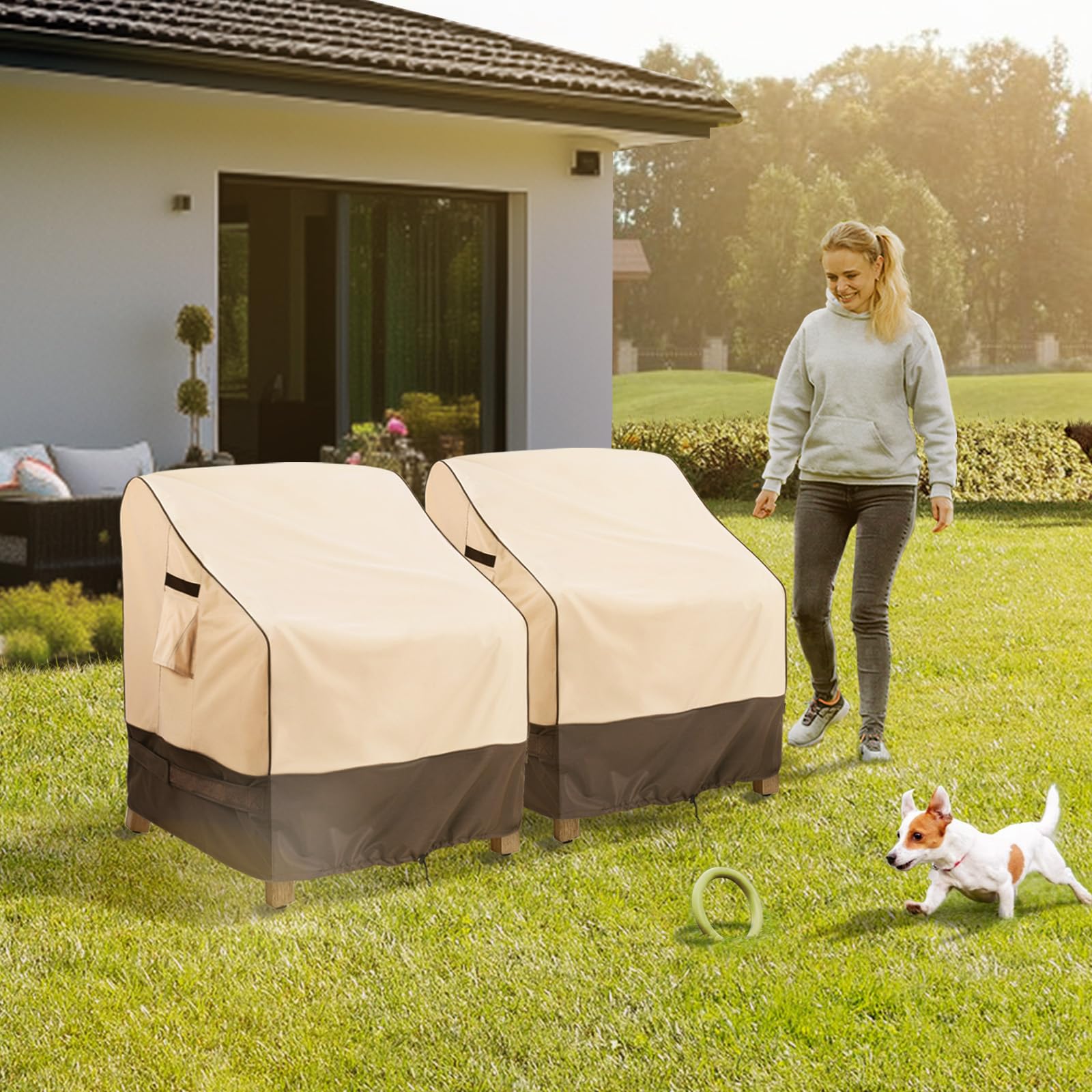Waterproof Patio Furniture Covers 32x37x36 Inches - 2 Pack Outdoor Chair Covers for Lawn, Garden & Deck - Heavy Duty Khaki Weatherproof Protection (Ideal for Rain, Snow & Sun Protection)