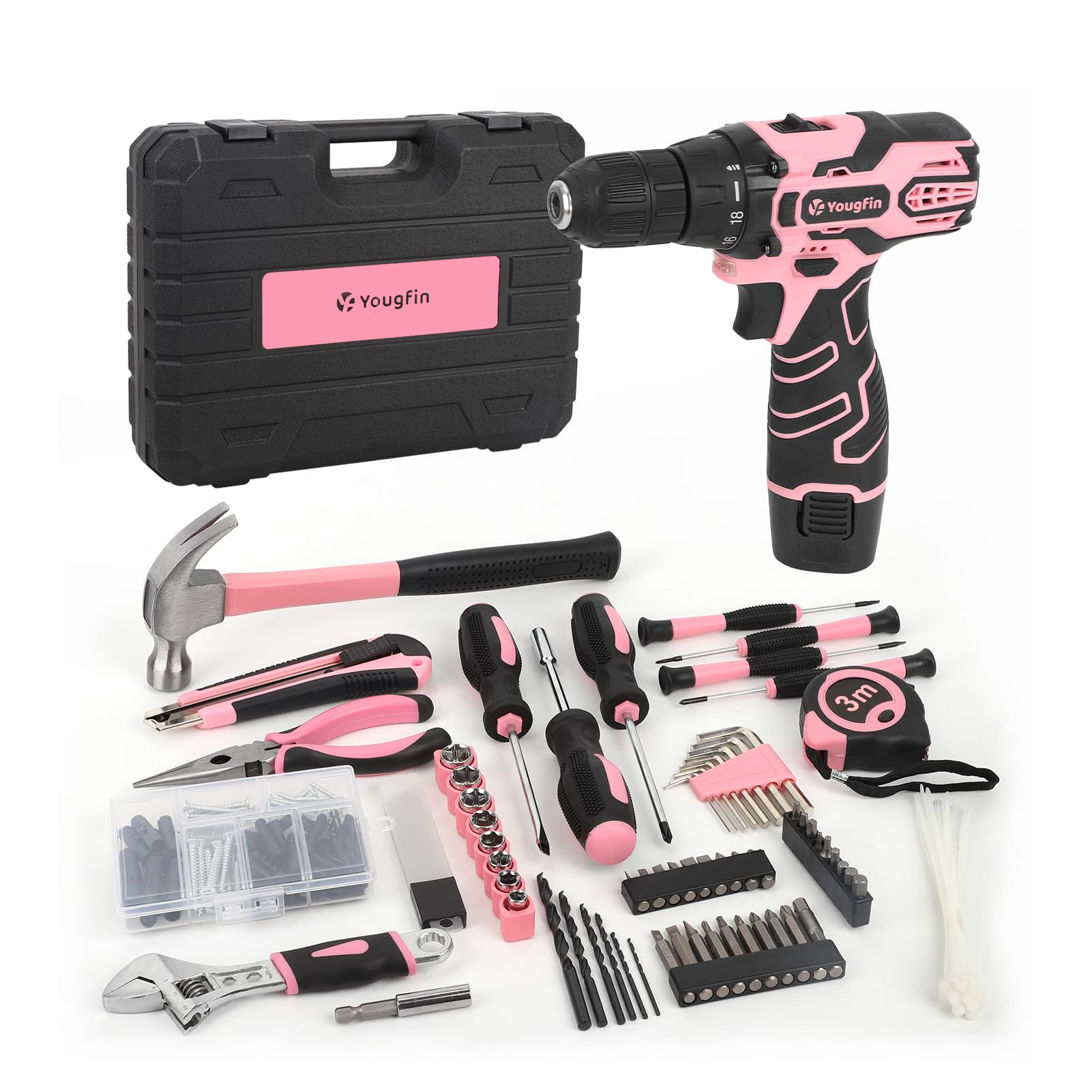 YOUGFIN 12V Pink Cordless Drill Set for Women - 195-Piece Home & Office Repair Tool Kit with Pink Tool Box - Perfect for DIY Projects, Furniture Assembly, and Household Improvements