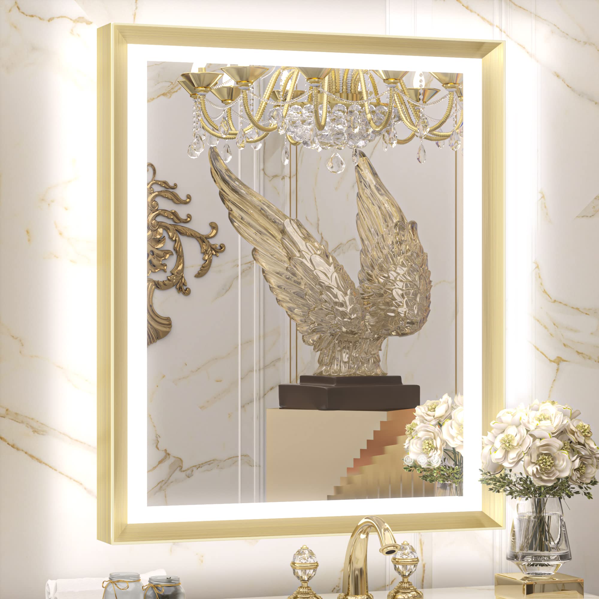 Gold LED Bathroom Mirror with Lights - 28x36 Inch Frontlit & Backlit Vanity Mirror, Baroque Style, Anti-Fog, Stepless Dimmable (White/Warm/Natural Light), CRI90+, Waterproof, Wall Mounted (Horizontal/Vertical) - Perfect for Makeup, Shaving & Home Decor