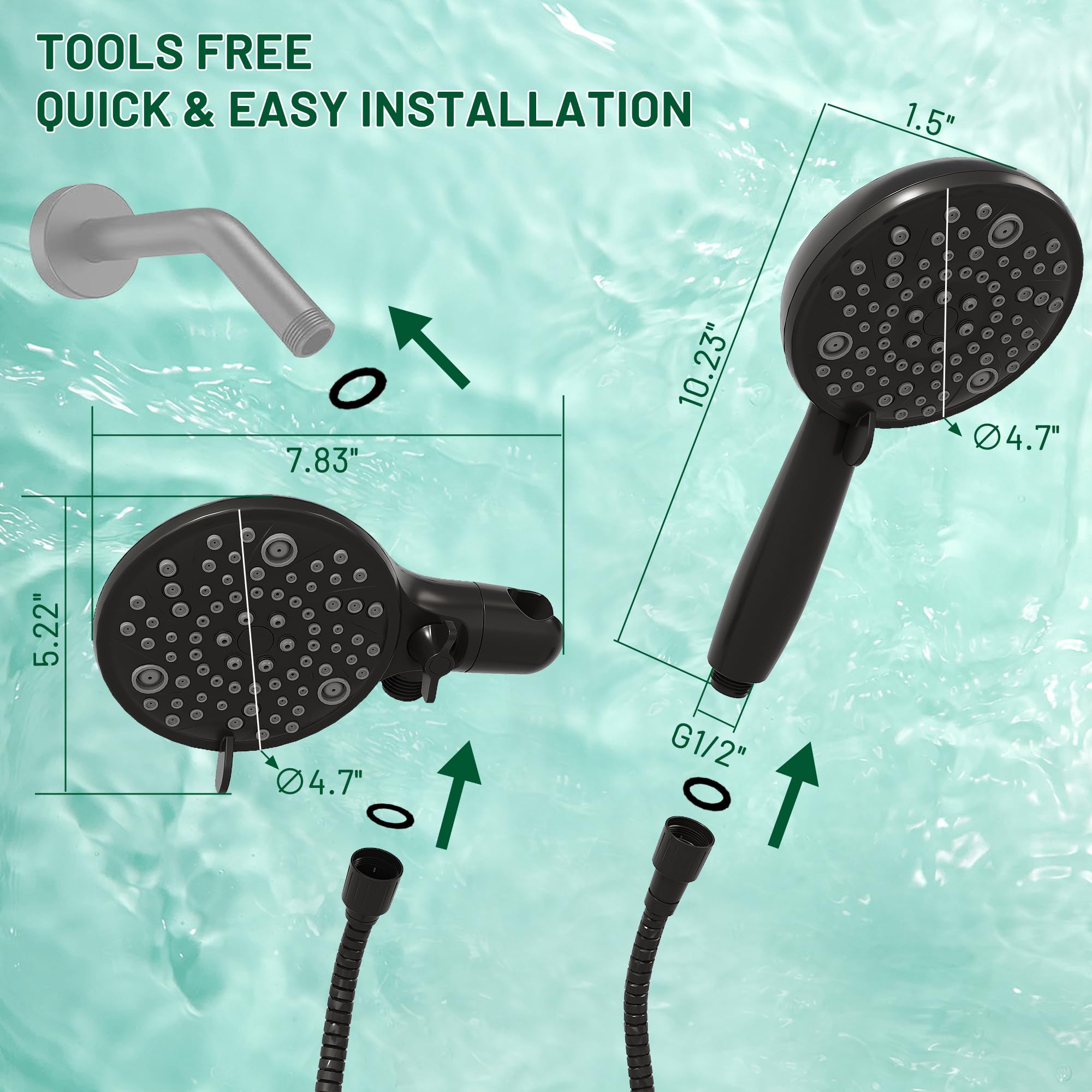 **Alesco 56-Setting Matte Black Shower Head with Handheld Spray Combo - Dual Shower Heads Set, 3-Way Shower System with 59