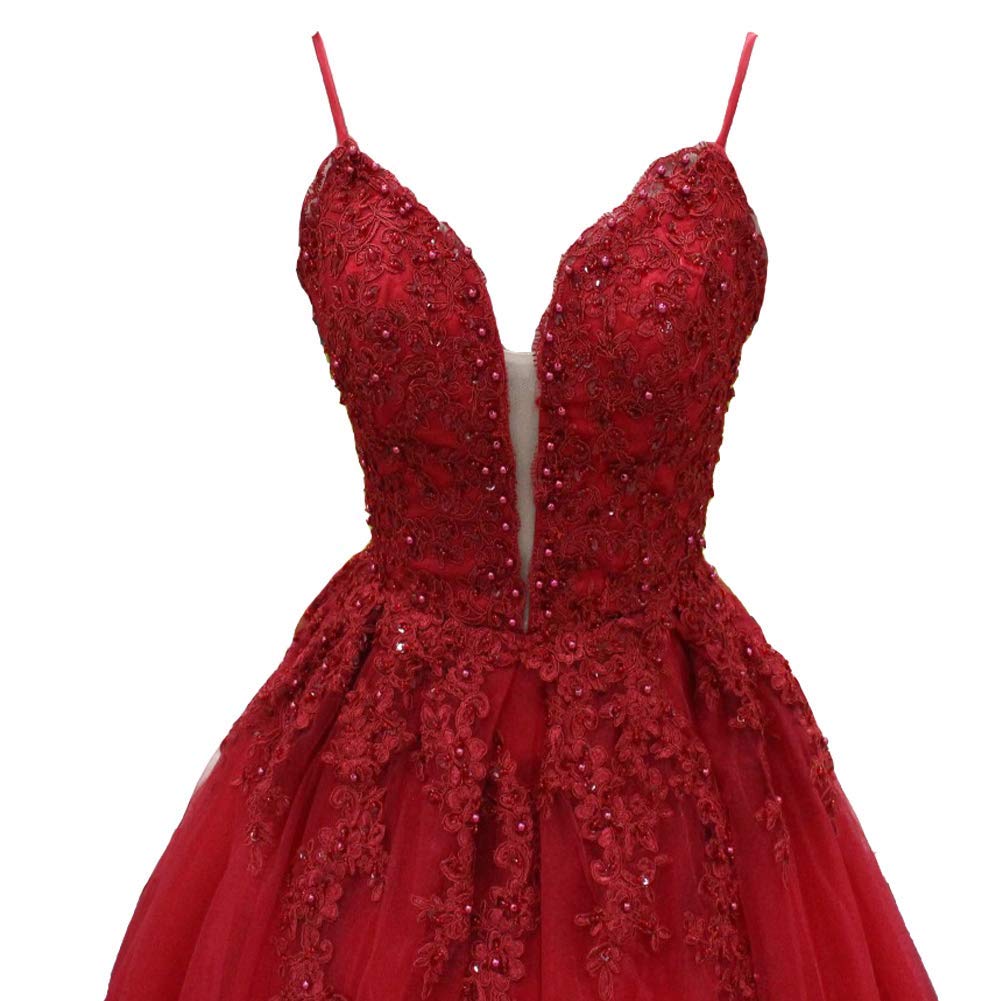 Lemai Women's Beaded Lace Appliques Spaghetti Strap V-Neck Ball Gown Long Prom Dress for Evening Gala, Wedding Party & Formal Events