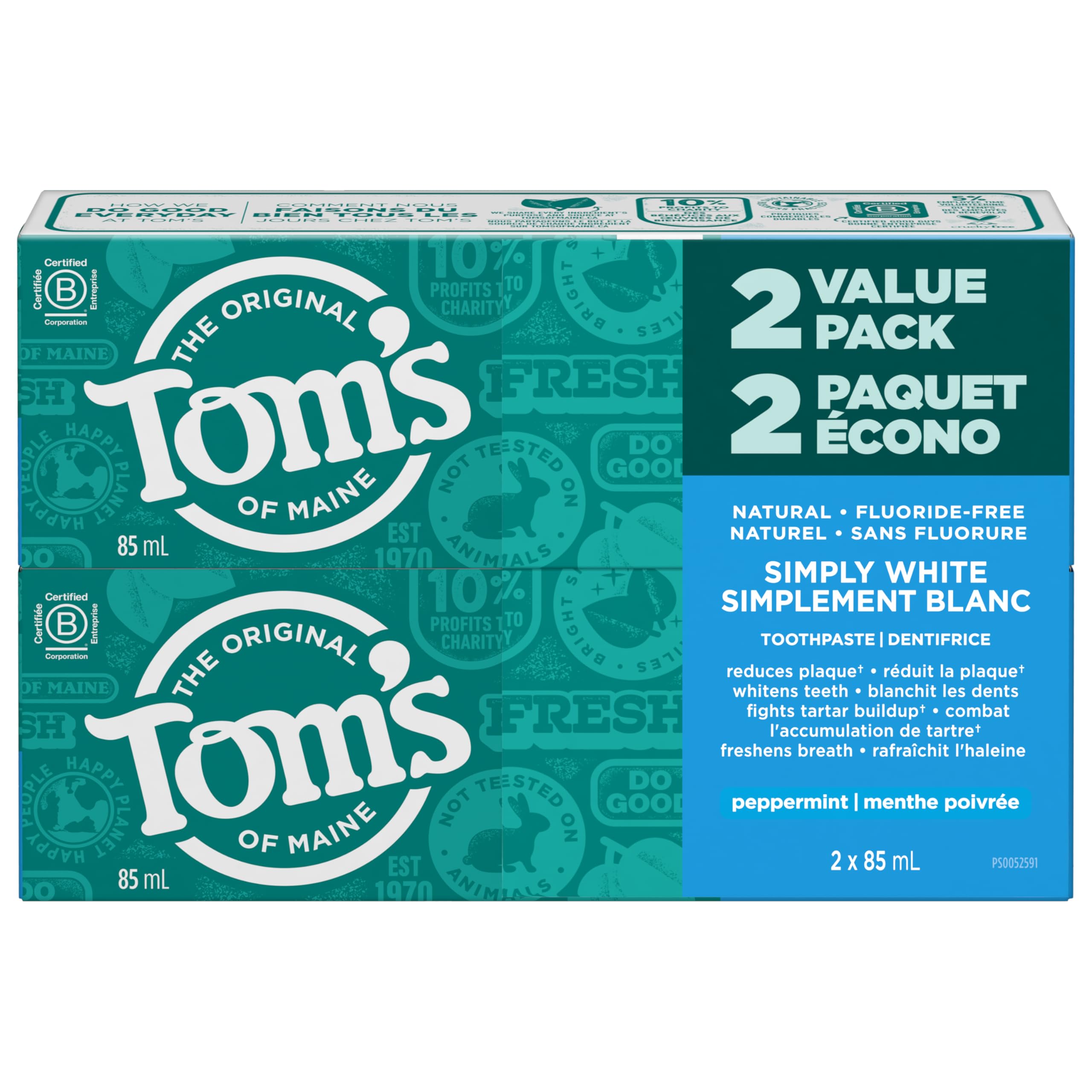 Tom's of Maine Simply White Natural Whitening Toothpaste - Fluoride-Free, Refreshing Peppermint Flavor - Fights Tartar & Plaque for Whiter Teeth - 2 Pack (85 mL Each) - Perfect for Daily Oral Care & Natural Teeth Whitening at Home