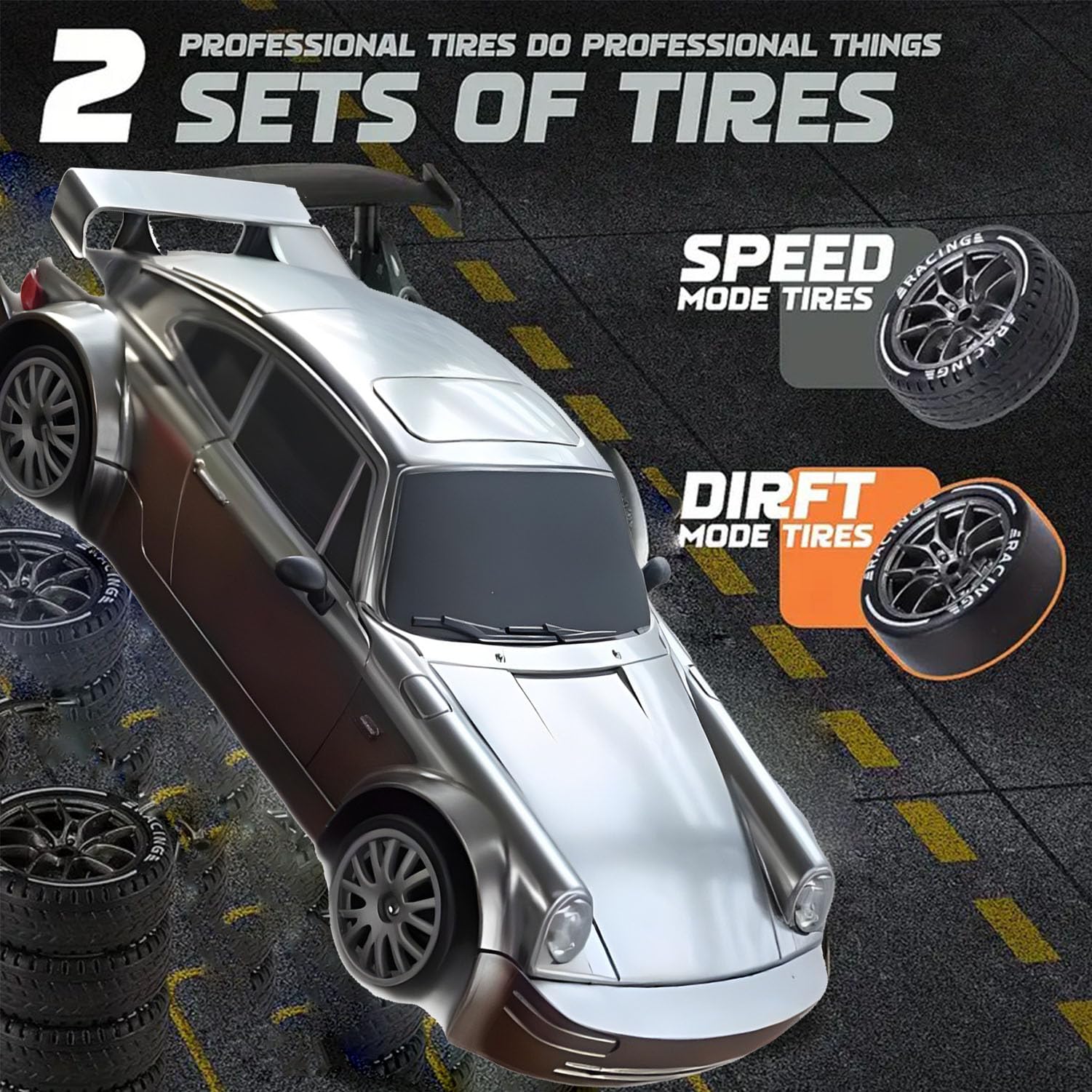 1:20 Scale Retro Drift Master RC Car - 2.4GHz 4WD Remote Control Drifting Vehicle with Roadblocks & Tires (Silver) | Mini RC Drift Car for Adults & Kids | Perfect for Indoor Racing, Backyard Drifting & RC Car Competitions