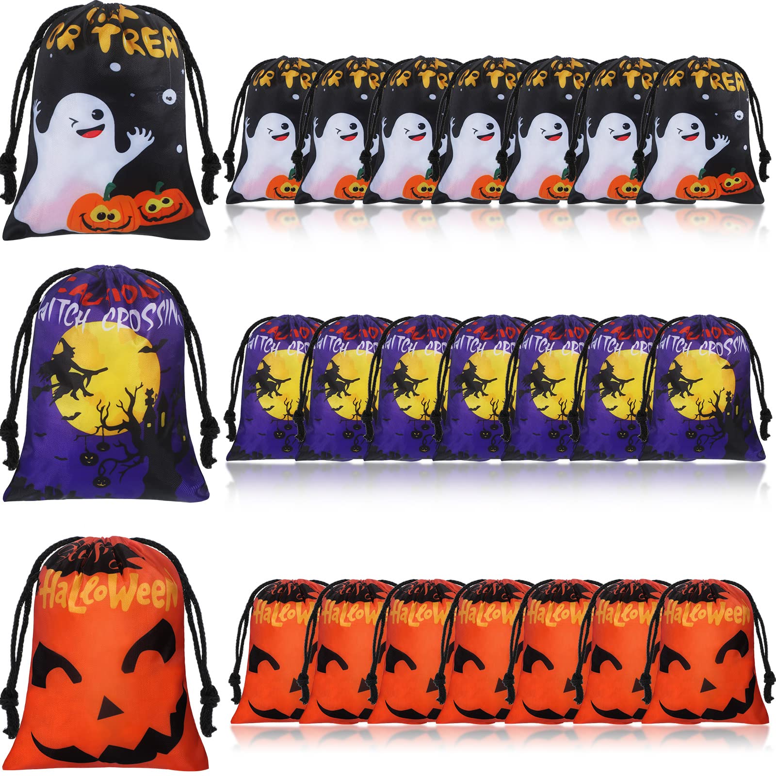 Leifide 24 Pcs Halloween Drawstring Candy Bags - 7x5 Inch Trick or Treat Treat Bags, Pumpkin Goodie Bags for Halloween Party Favors, School Events & Classroom Treats