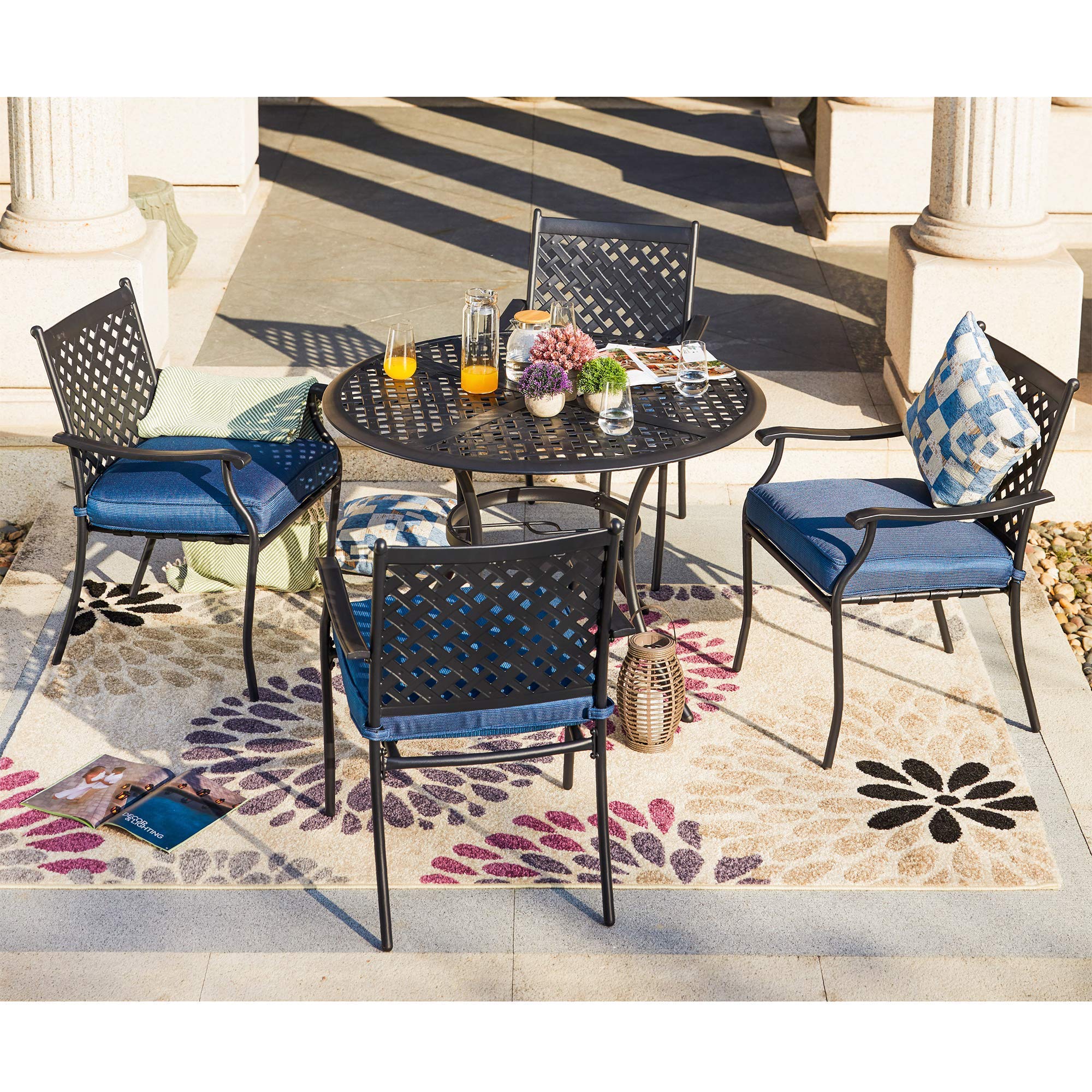 LOKATSE HOME 4-Piece Outdoor Dining Set - Wrought Iron Patio Chairs with Armrests & Cushions, Blue Metal Garden Furniture for Poolside, Backyard, Patio & Outdoor Entertaining