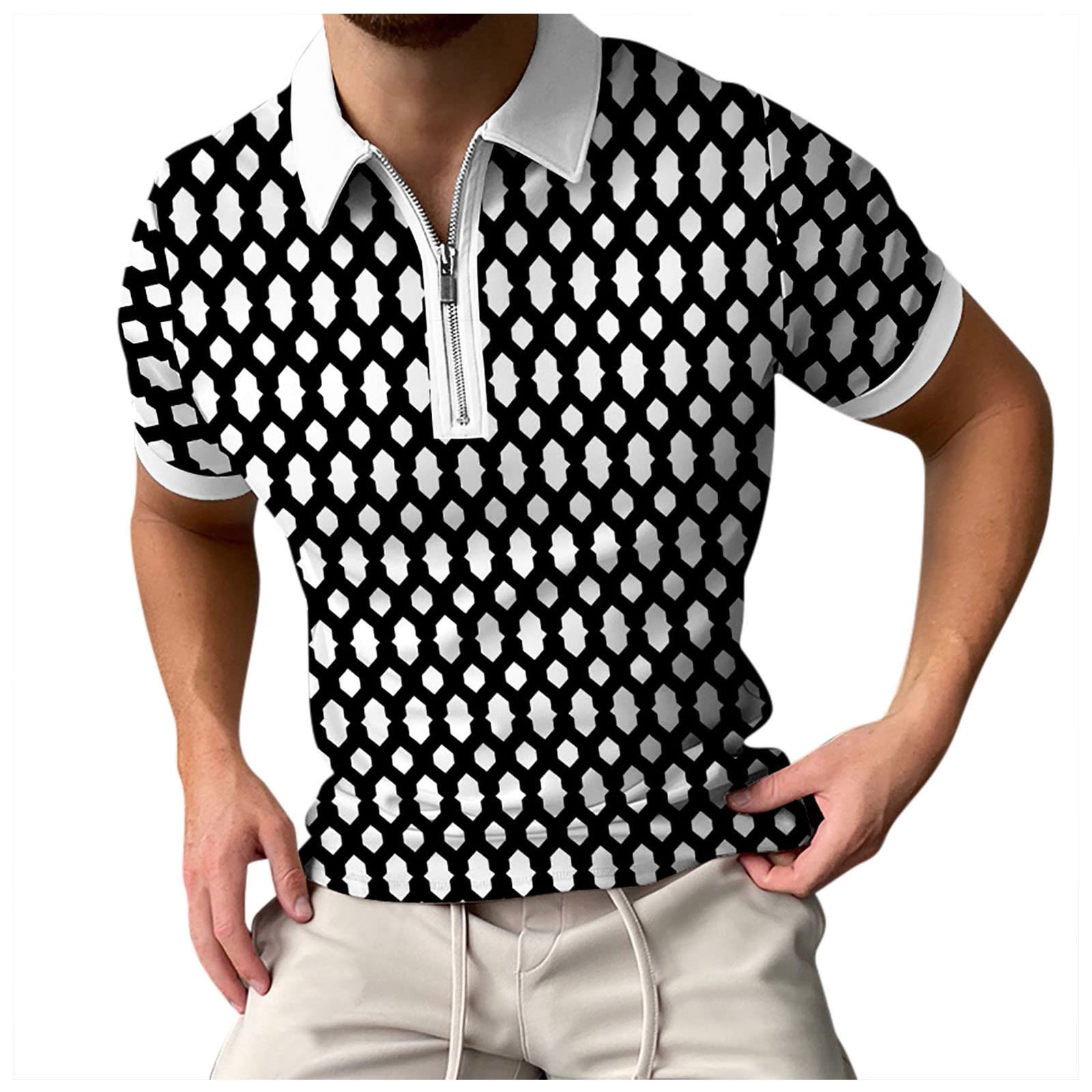 Stylish Men's Houndstooth Print Short Sleeve Dress Shirt with Rhinestone Zipper - Perfect for Summer & Spring Office Wear, Date Nights & Casual Outings