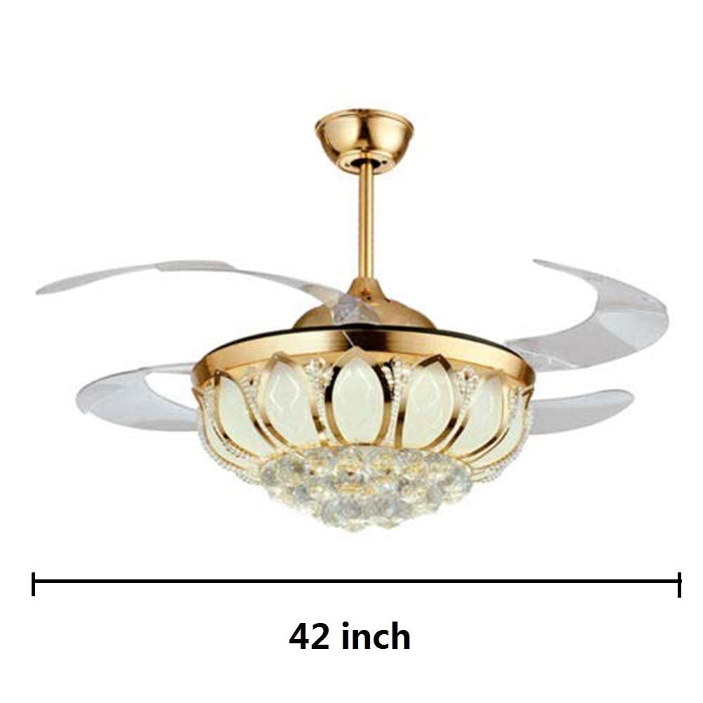 42 Inch Modern Gold Crystal Chandelier Ceiling Fan with LED Light & Remote Control - Retractable Blades, Quiet DC Motor - Perfect for Dining Room, Bedroom, Living Room & Home Decor