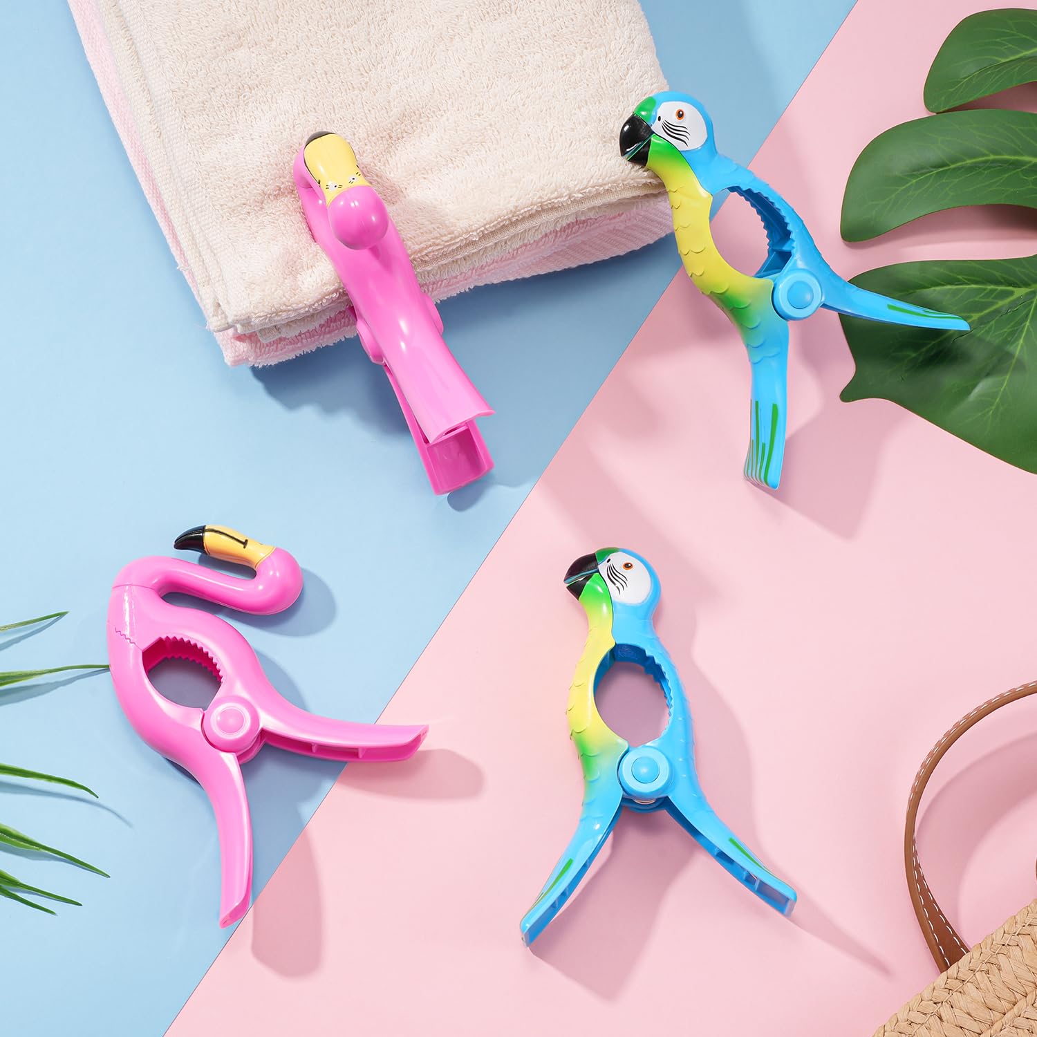 Sopito Jumbo Size Beach Towel Clips - Set of 4 Flamingo Parrot Design - Secure Hang Seal for Beach Chairs, Cruise, Pool, Patio & Daily Use - Perfect for Sunbathing, Travel & Outdoor Relaxation