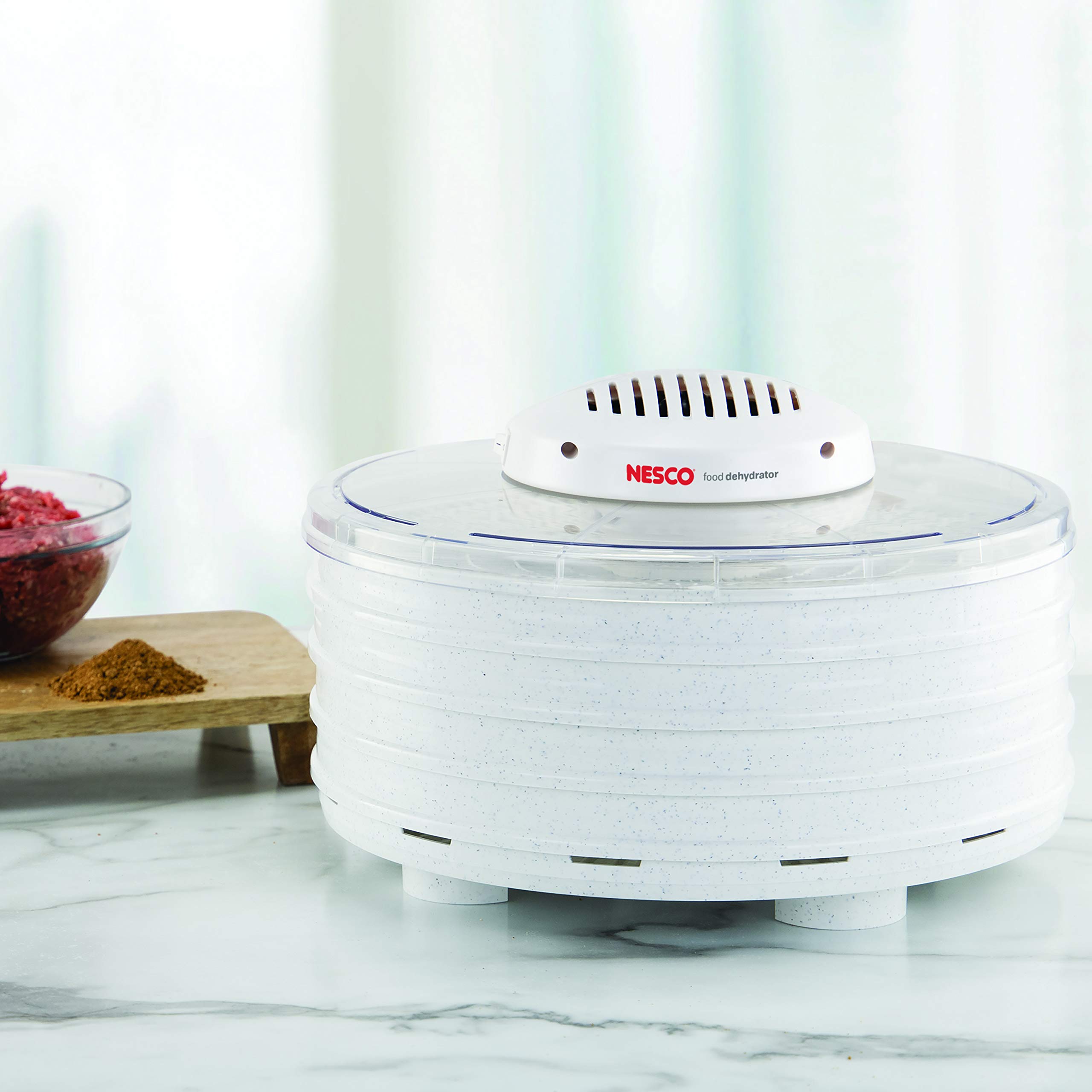 NESCO FD-37 Food Dehydrator Machine - 4 Stainless Steel Trays for Drying Fruits, Vegetables, Beef Jerky & Healthy Snacks | White/Clear Design | Perfect for Home Kitchen, Camping & Meal Prep