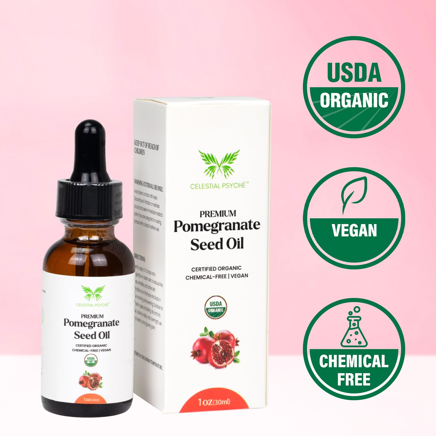 USDA Certified Organic 100% Pure Pomegranate Seed Oil (1 Oz) - Hexane-Free, Natural Face Moisturizer for Skin Hydration, Anti-Aging & Scar Relief | Nails Beauty Enhancement | Perfect for Dry Skin Care, Night Routine & DIY Beauty Treatments