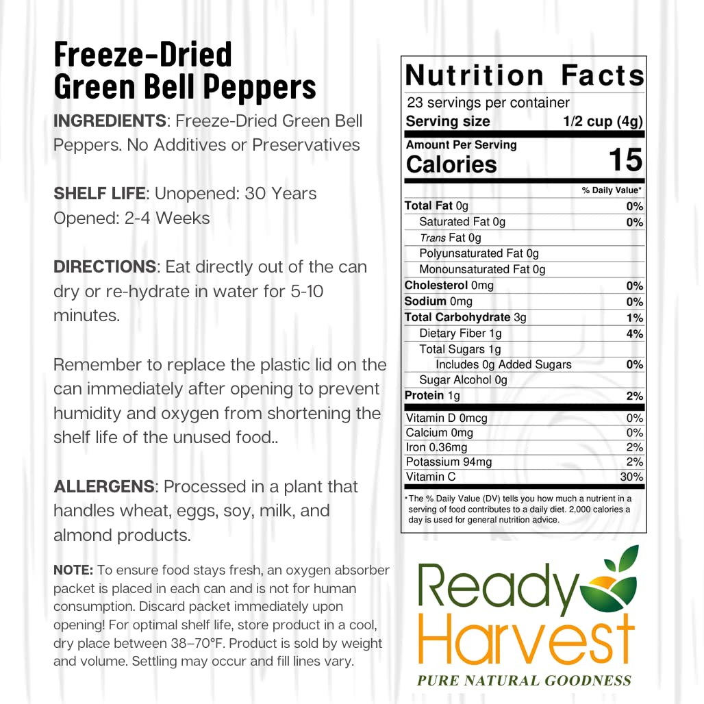 Freeze Dried Green Bell Peppers - 6.3oz #10 Can | 25-Year Shelf Life Survival Food | Pantry Staples, Emergency Food Supply | Perfect for Camping, Hiking & Disaster Preparedness