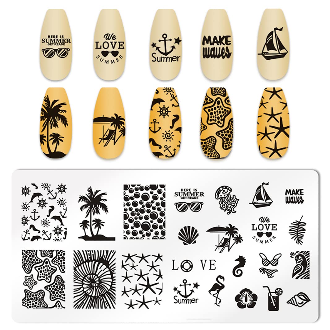 6-Piece Summer Beach Nail Stamping Kit with Seaside Scenery Designs - Coconut Trees, Sunset Waves, Sea Animals - DIY Nail Art Plates for Manicure & Pedicure - Perfect for Summer Vacations, Beach Parties & Nail Salon Use