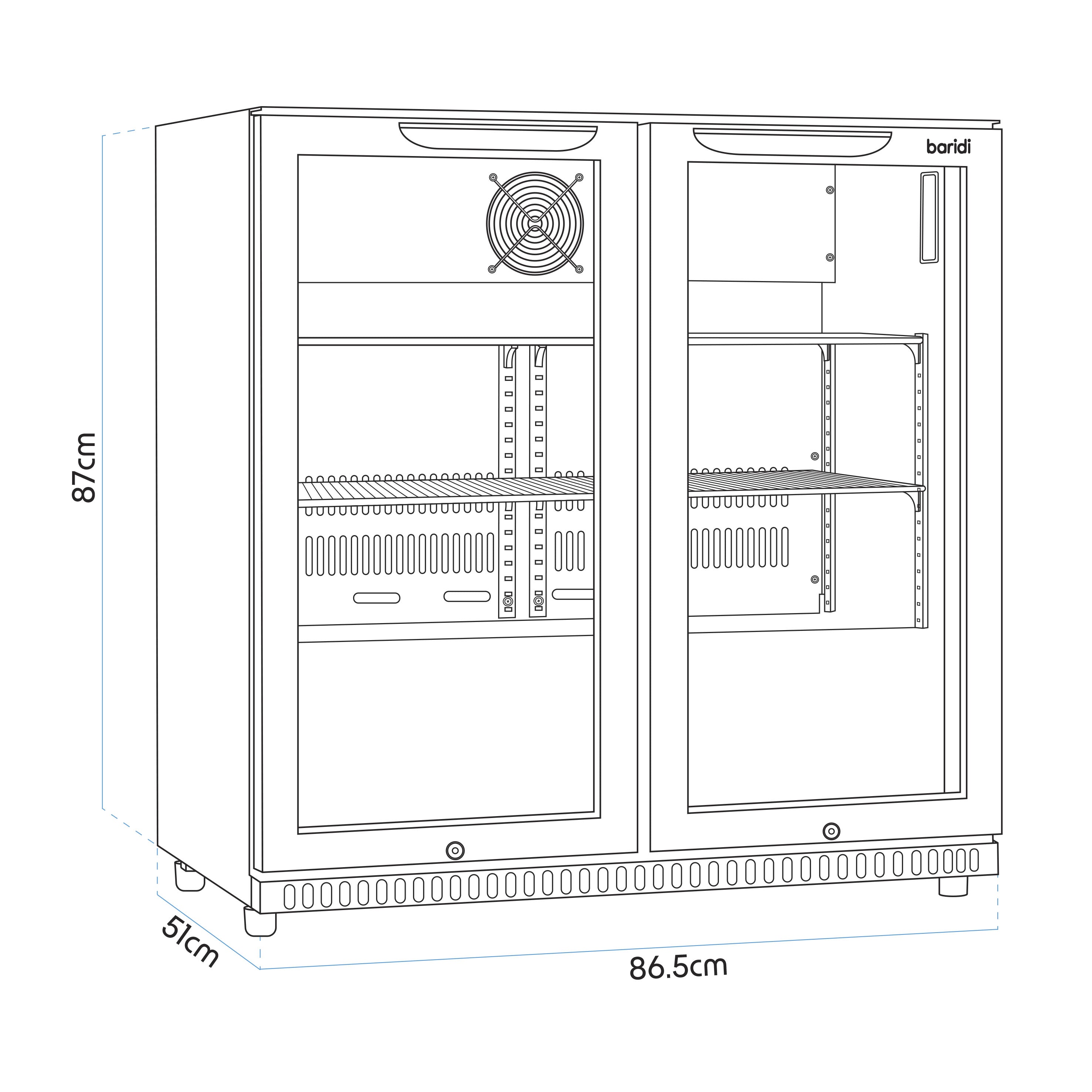 Baridi Back Bar Drinks Fridge with Hinged Double Door - 190L Capacity Commercial Beverage Cooler for Bars, Restaurants & Home Use - Model DH272