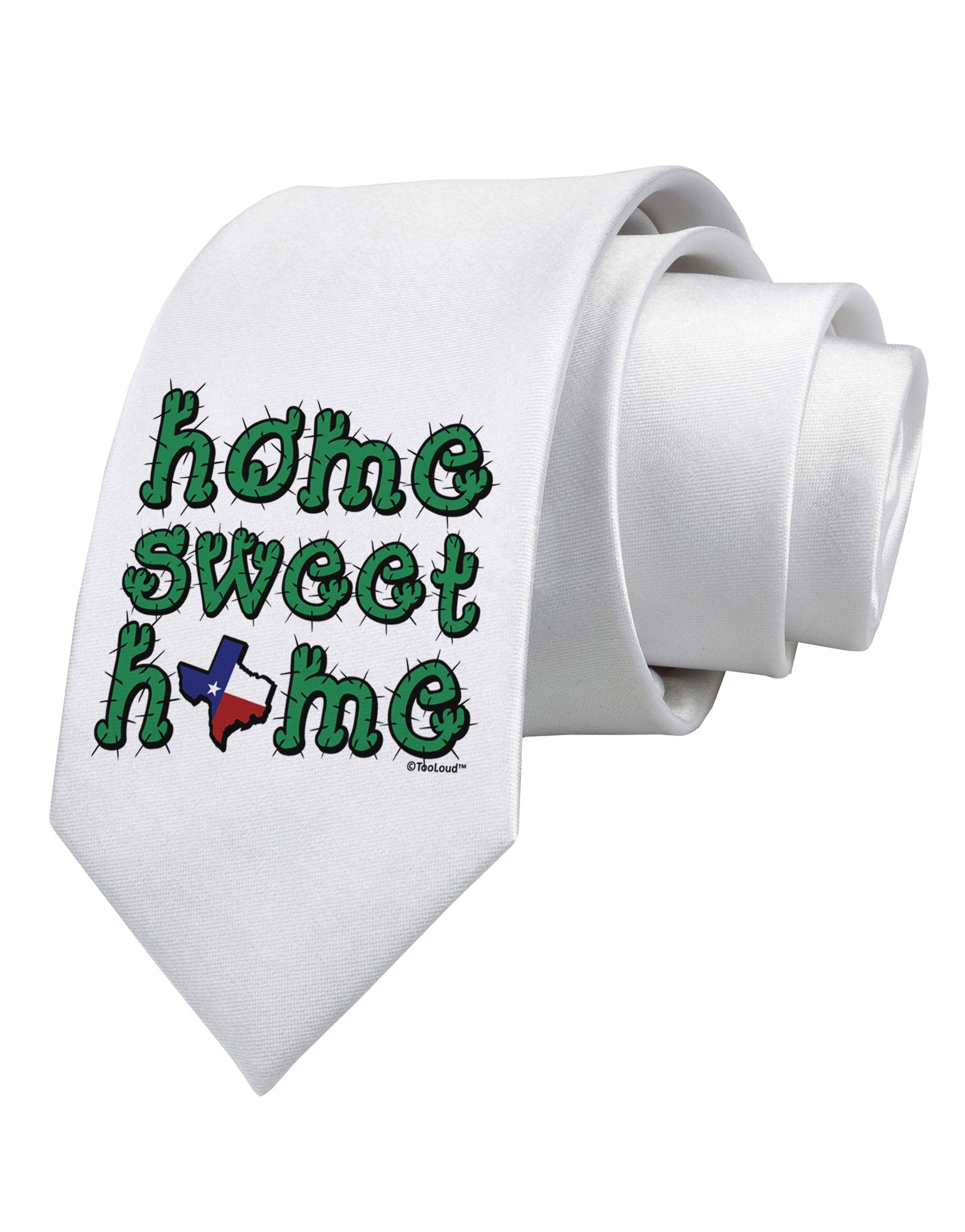 TooLoud Home Sweet Home Texas Necktie - White Cactus & State Flag Printed Men's Tie - Perfect for Weddings, Office & Texas Pride Events