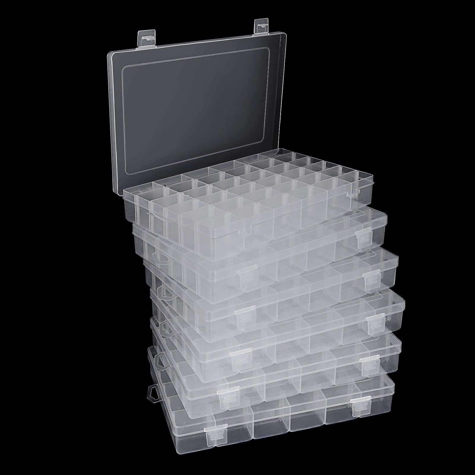 6 Pack 36 Grids Plastic Organizer Box with Removable Dividers - Clear Storage Container for Fishing Tackle, DIY Beads, Craft Supplies & Small Parts | Perfect for Art Projects, Jewelry Making & Home Organization