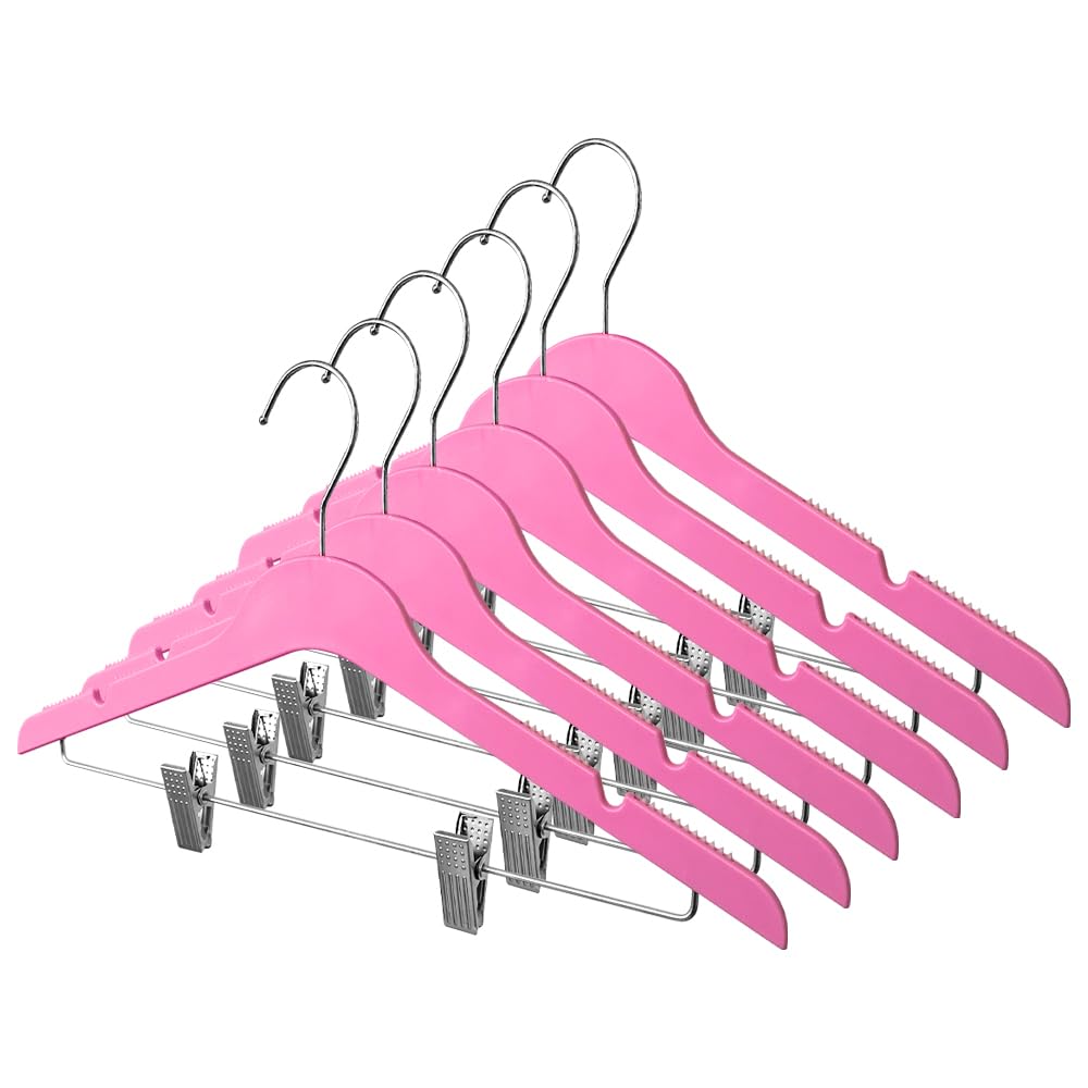 Slim Plastic Hangers with Clips - 100 Pack Space Saving Blouse & Clothes Hangers (Hot Pink) - Perfect for Closet Organization, Retail Stores & Laundry Room Storage