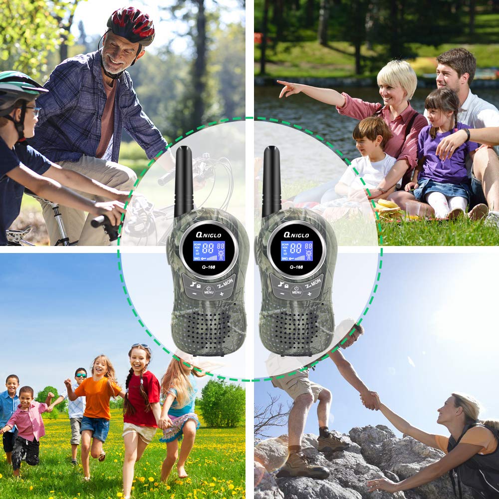 QNIGLO Rechargeable Kids Walkie Talkies - Camo Walkie Talkies for Boys & Girls Ages 3-12, Long Range Outdoor Adventure Toys for Camping, Hiking, Spy Games & Police Role Play | Perfect Birthday Gift for Kids