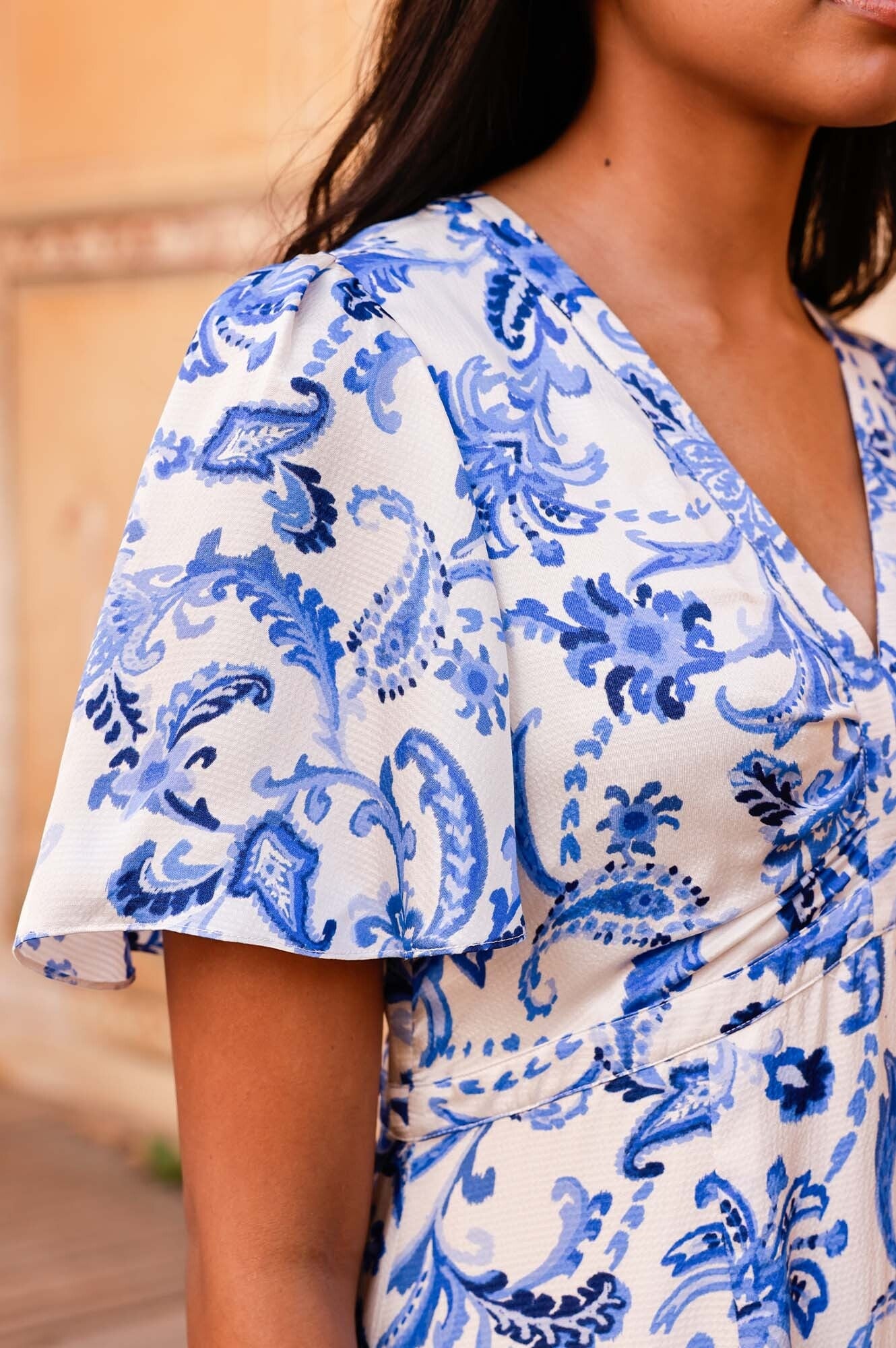 Anais Hammered Satin Dress - Floral Paisley Print in Cream & Blue | Elegant Evening Gown for Cocktail Parties, Weddings & Special Occasions
