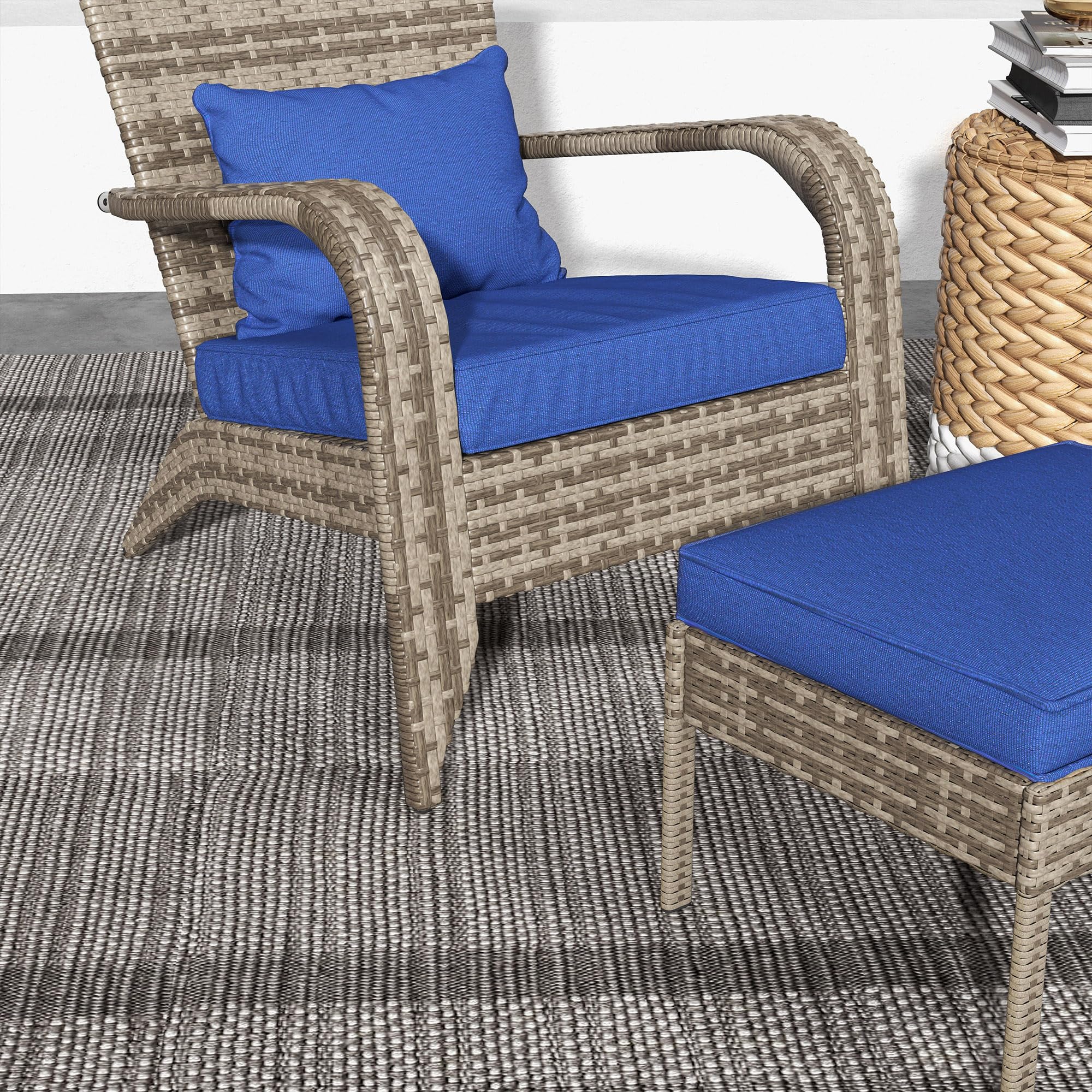 Outsunny Dark Blue Wicker Adirondack Chair with Ottoman & Cushions - High-Back Outdoor Patio Furniture with Large Seat & Armrests - Perfect for Deck, Garden, Backyard & Fire Pit Relaxation