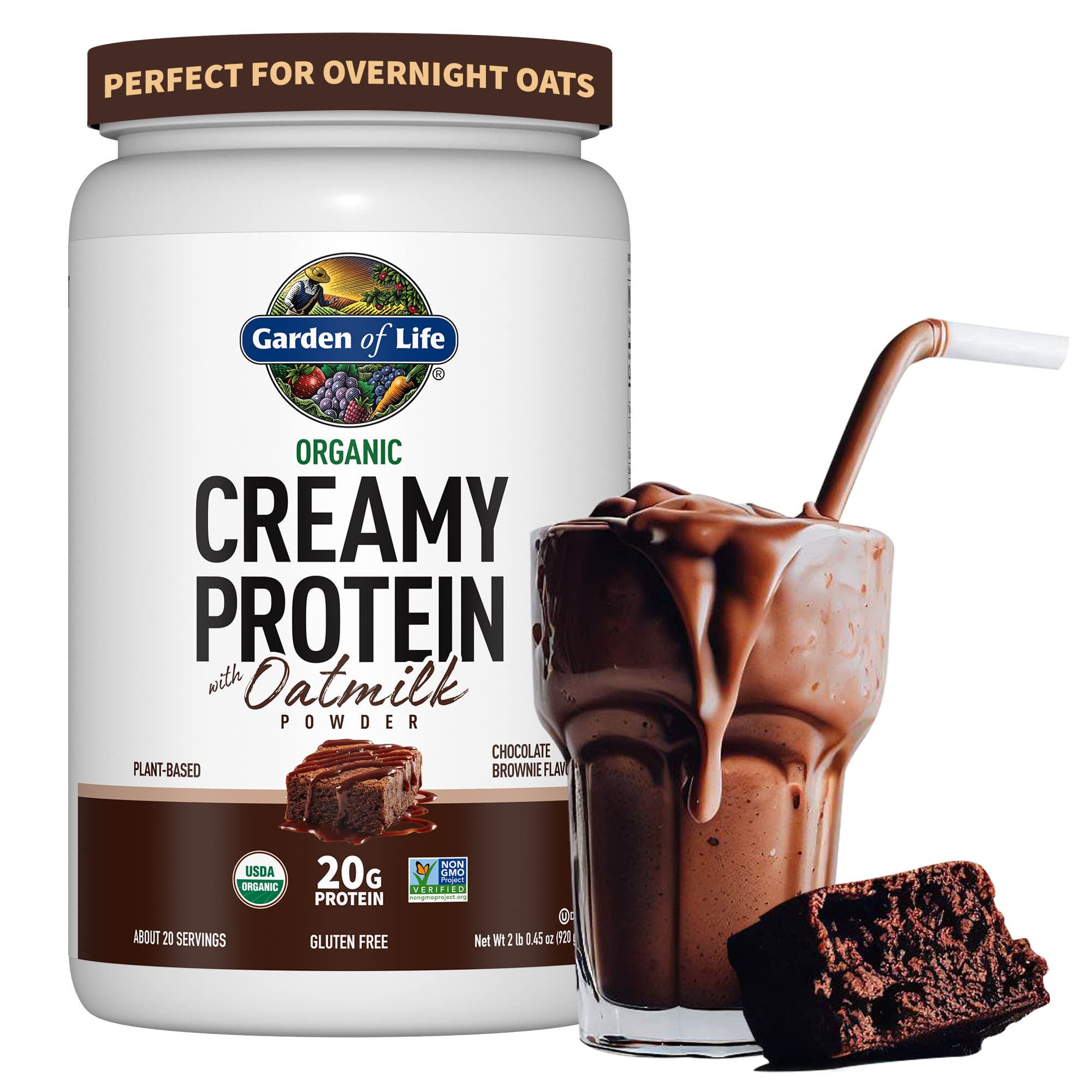 Garden of Life Creamy Organic Vegan Protein Powder with OatMilk - 20g Complete Plant-Based Protein, Coconut Water, MCTs, Sprouted Grains, Prebiotics & Probiotics - Gluten-Free Chocolate Brownie Flavor (2 LBS) | Perfect for Post-Workout Recovery, Smoothies & Healthy Breakfasts