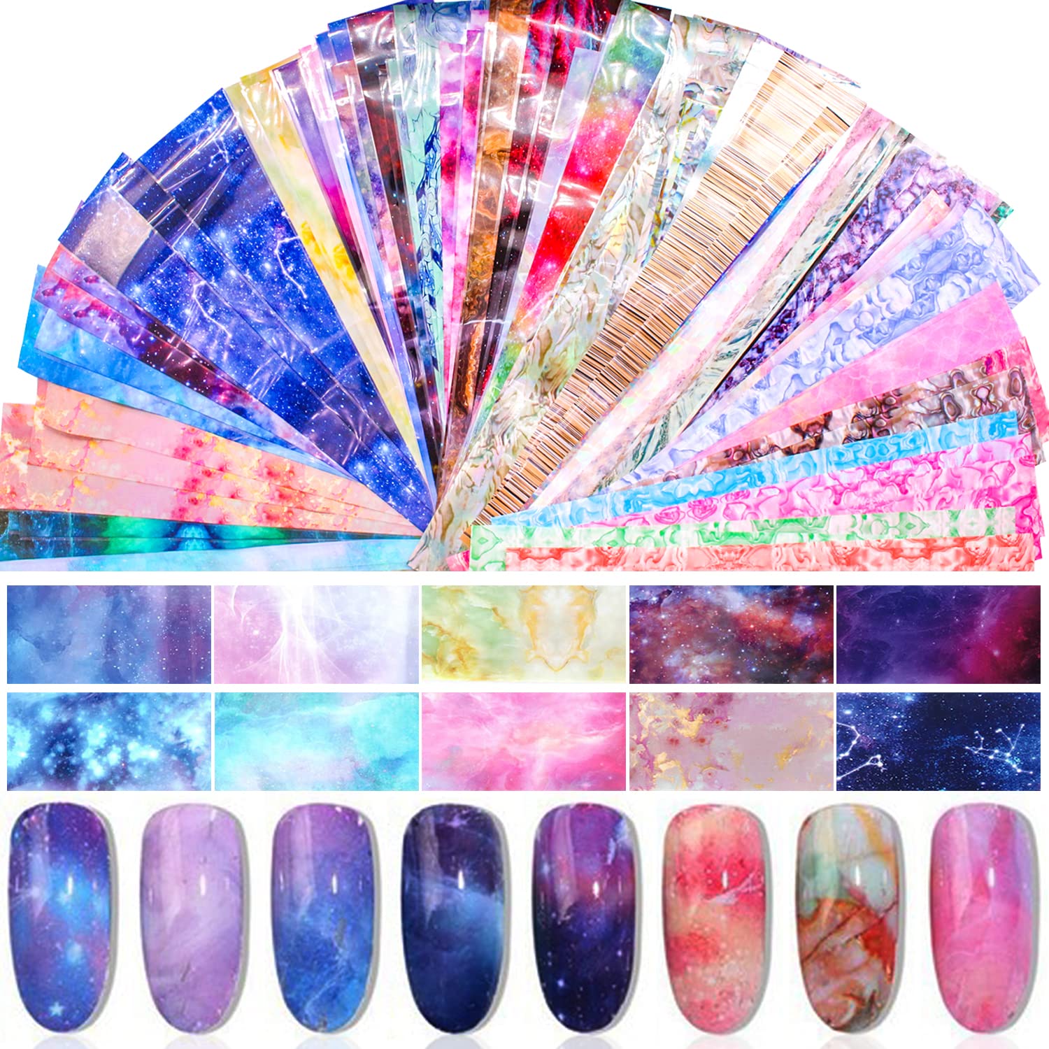 DANNEASY 150 Sheets Nail Foil Transfer Sheets - Starry Sky Laser Marble Print Nail Art Stickers & Decals for Acrylic Nails | Perfect for Salon, Home Manicure & DIY Nail Designs